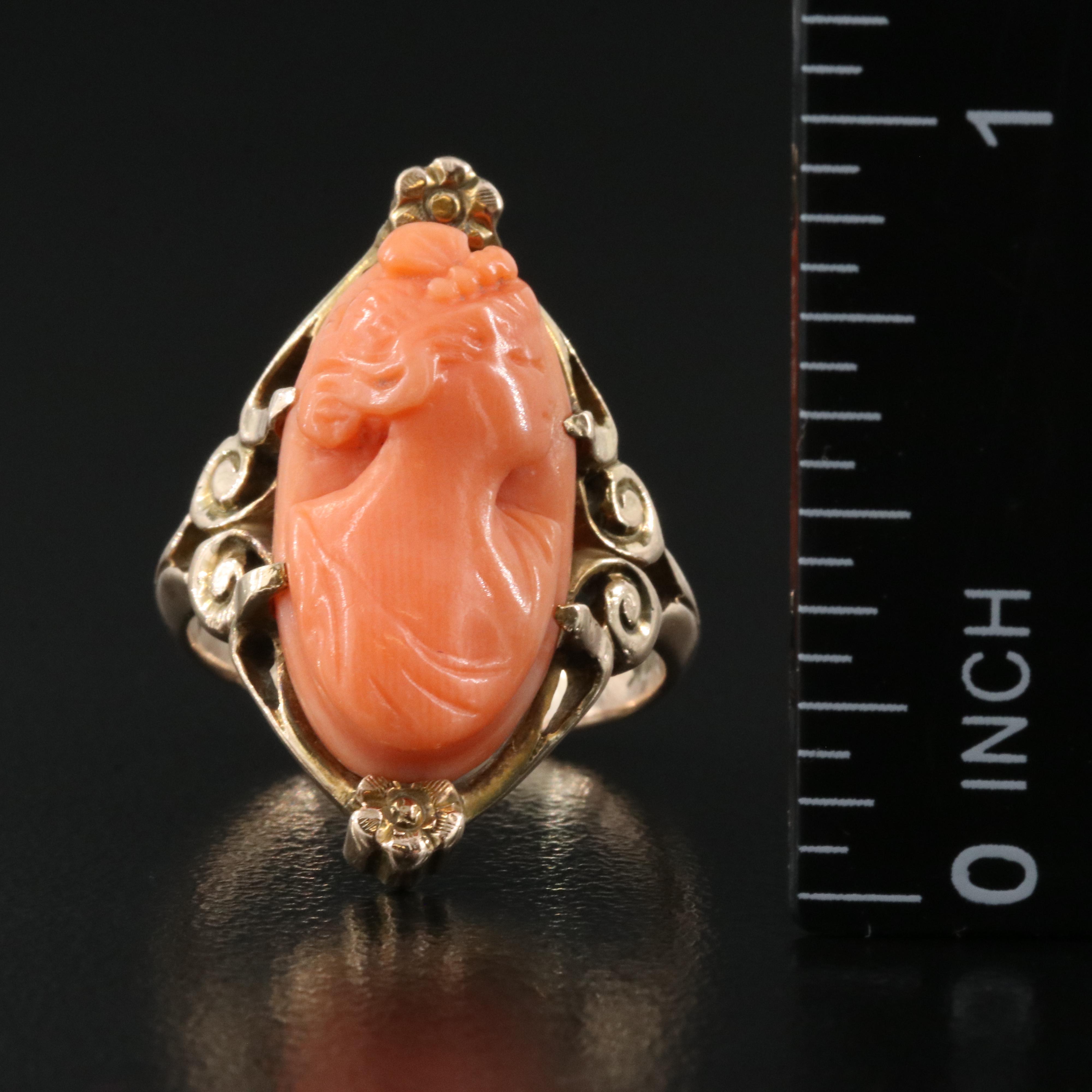Antique 10K Rose Gold Coral Cameo Ring