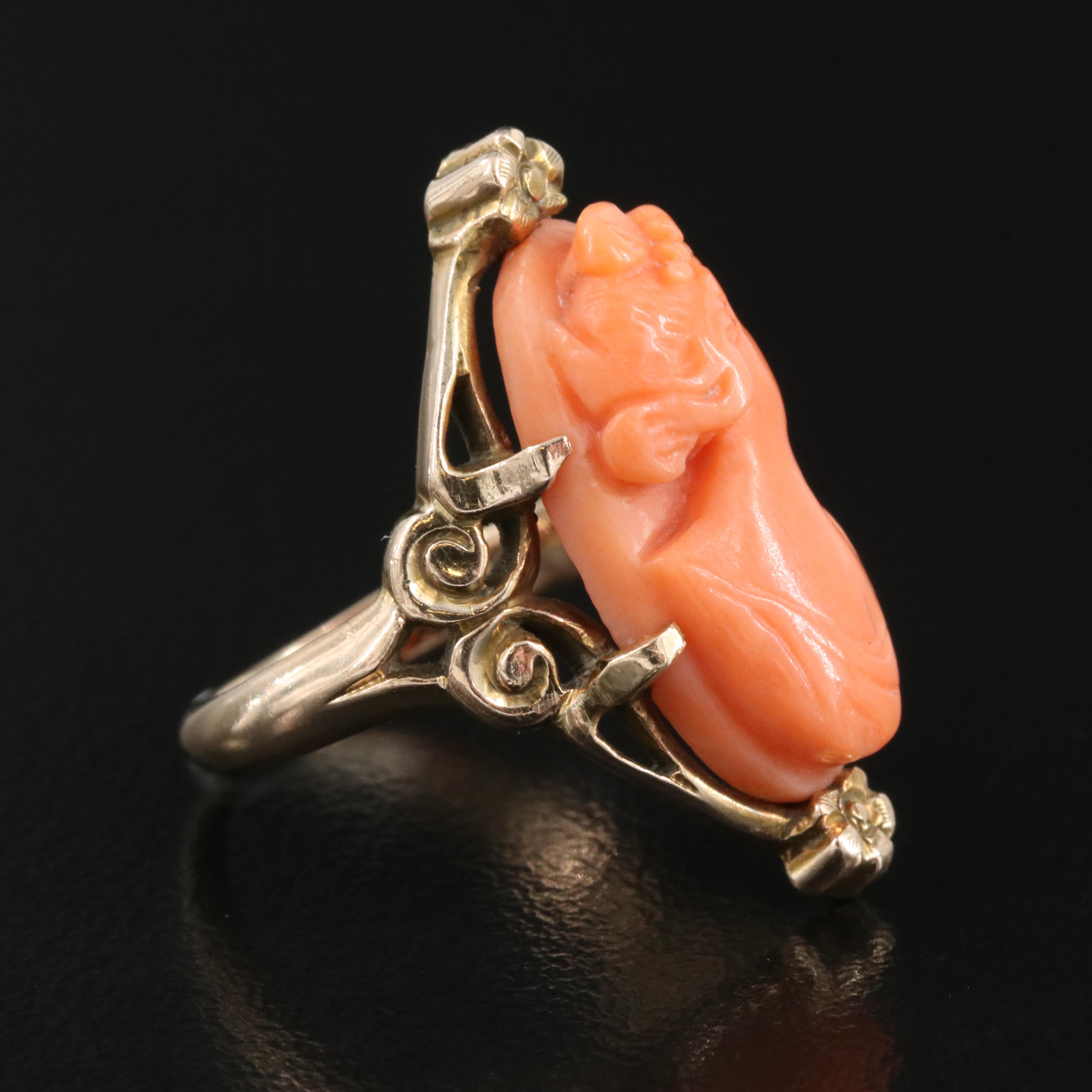 Antique 10K Rose Gold Coral Cameo Ring
