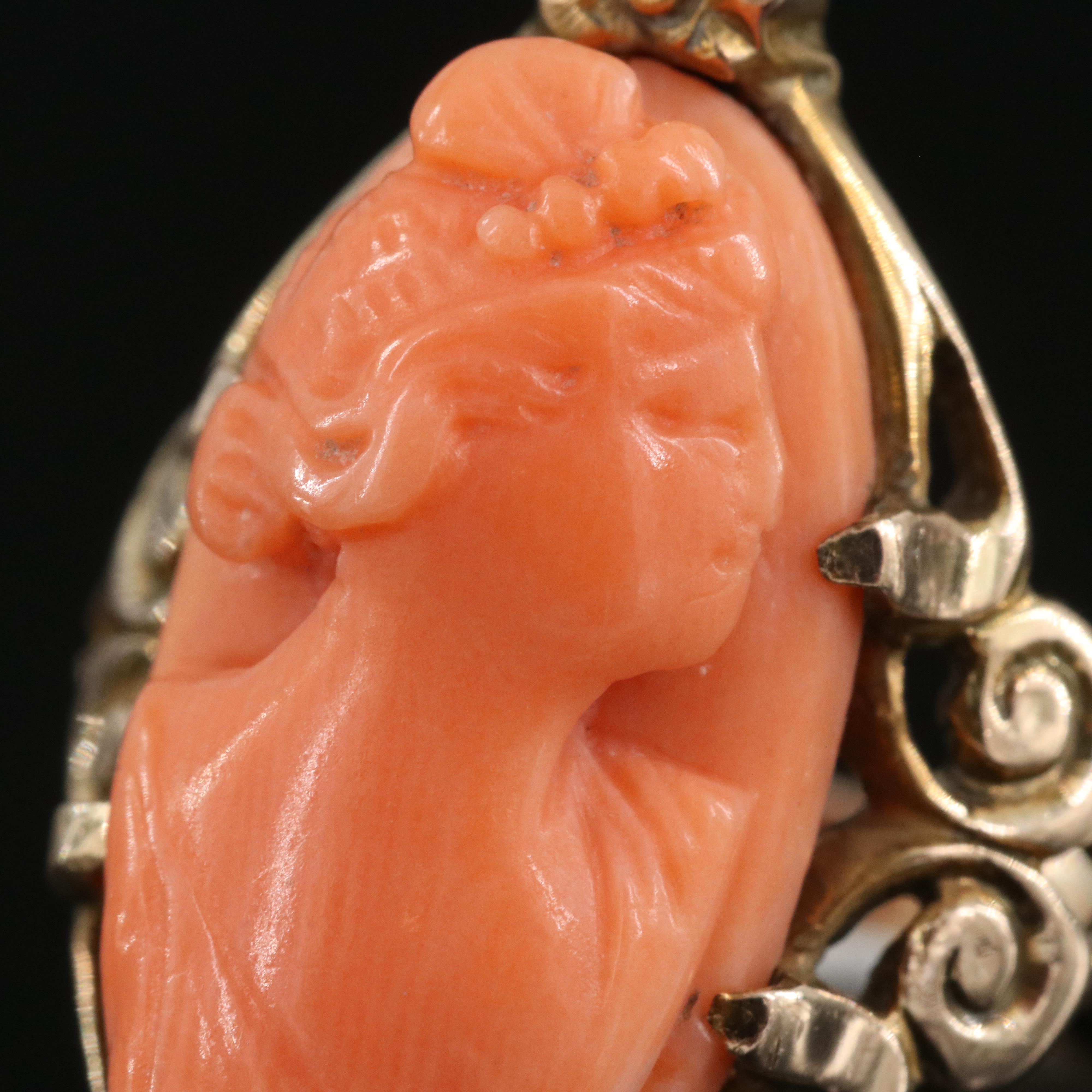 Antique 10K Rose Gold Coral Cameo Ring