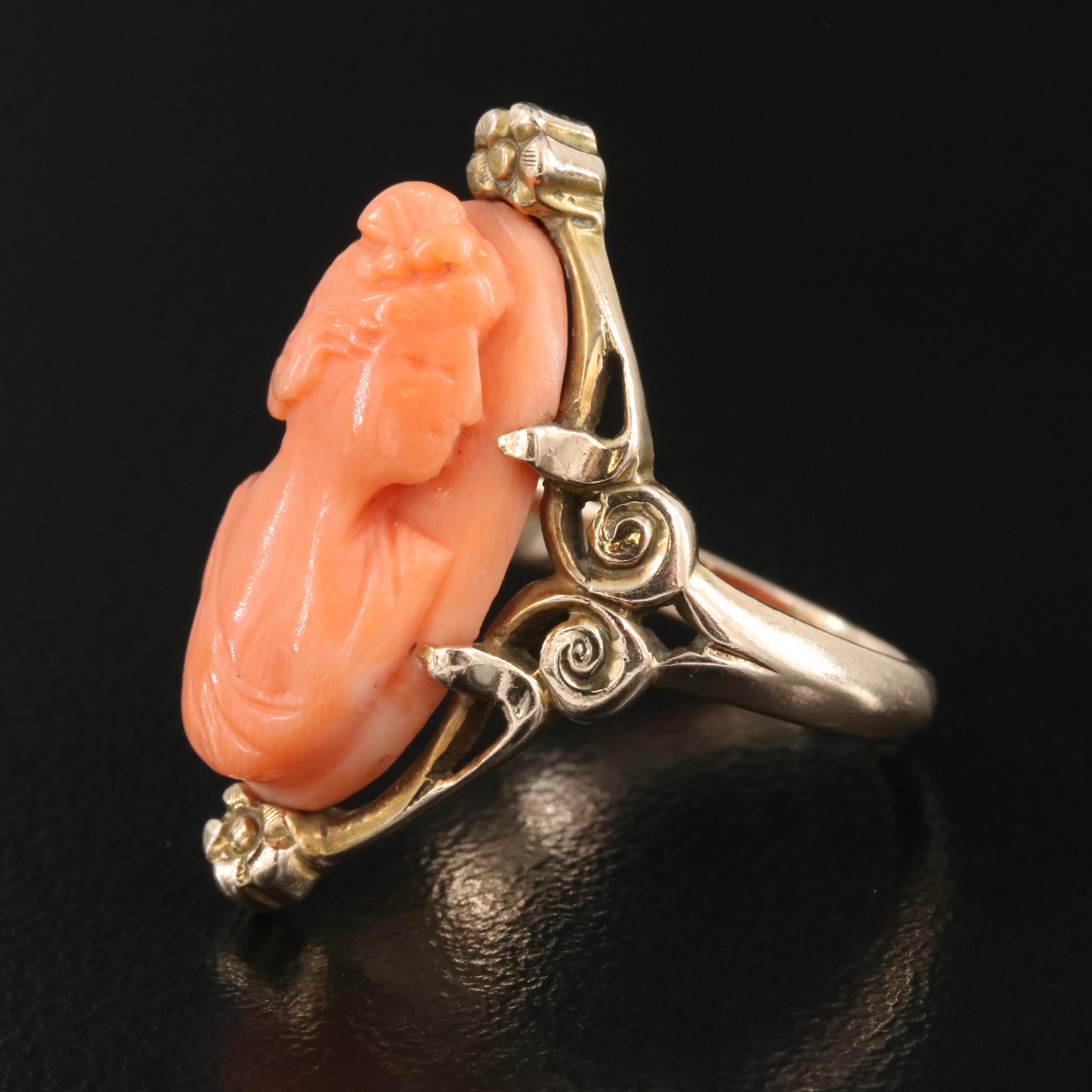 Antique 10K Rose Gold Coral Cameo Ring