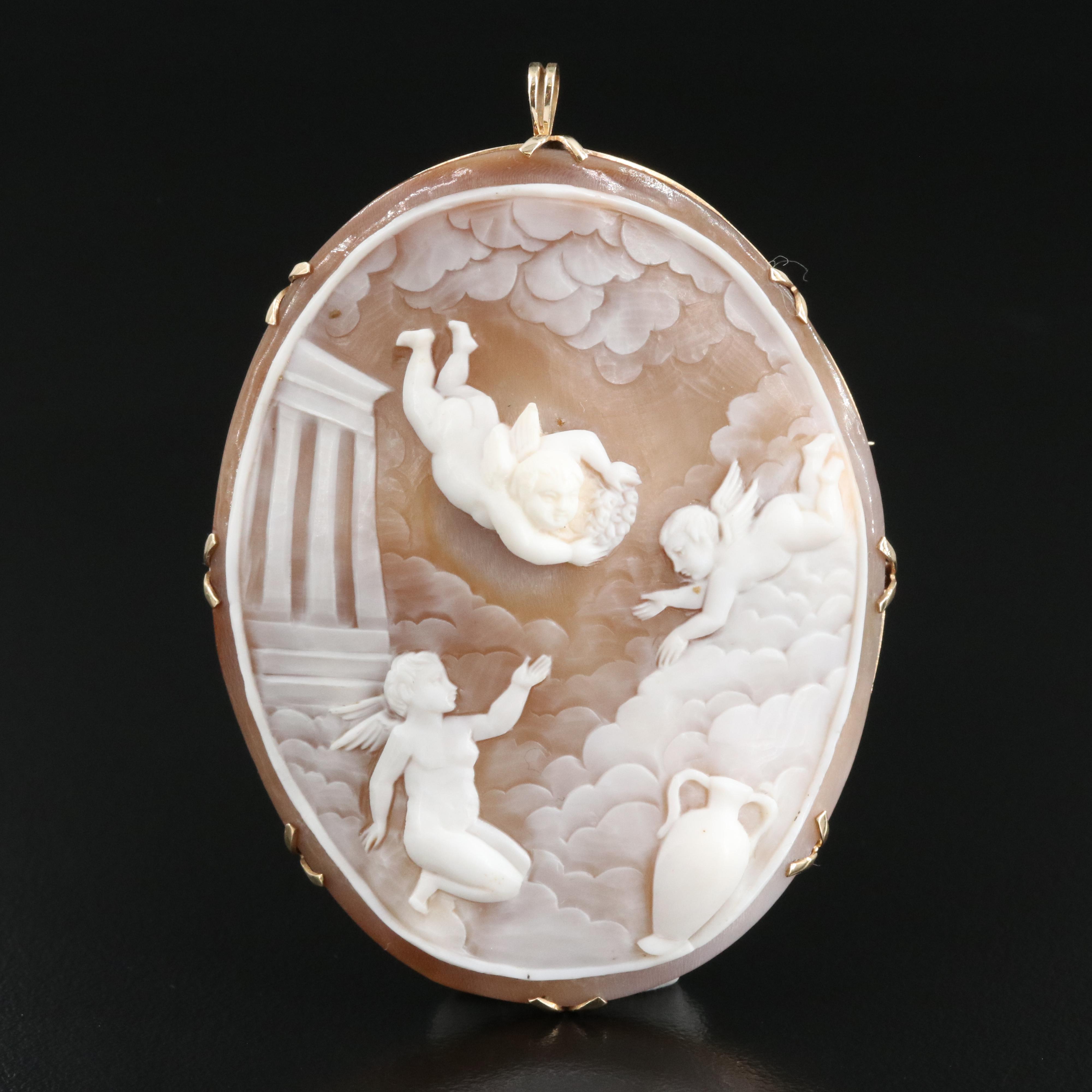 Vintage 10K Shell Three Cherub Motif Converter Brooch