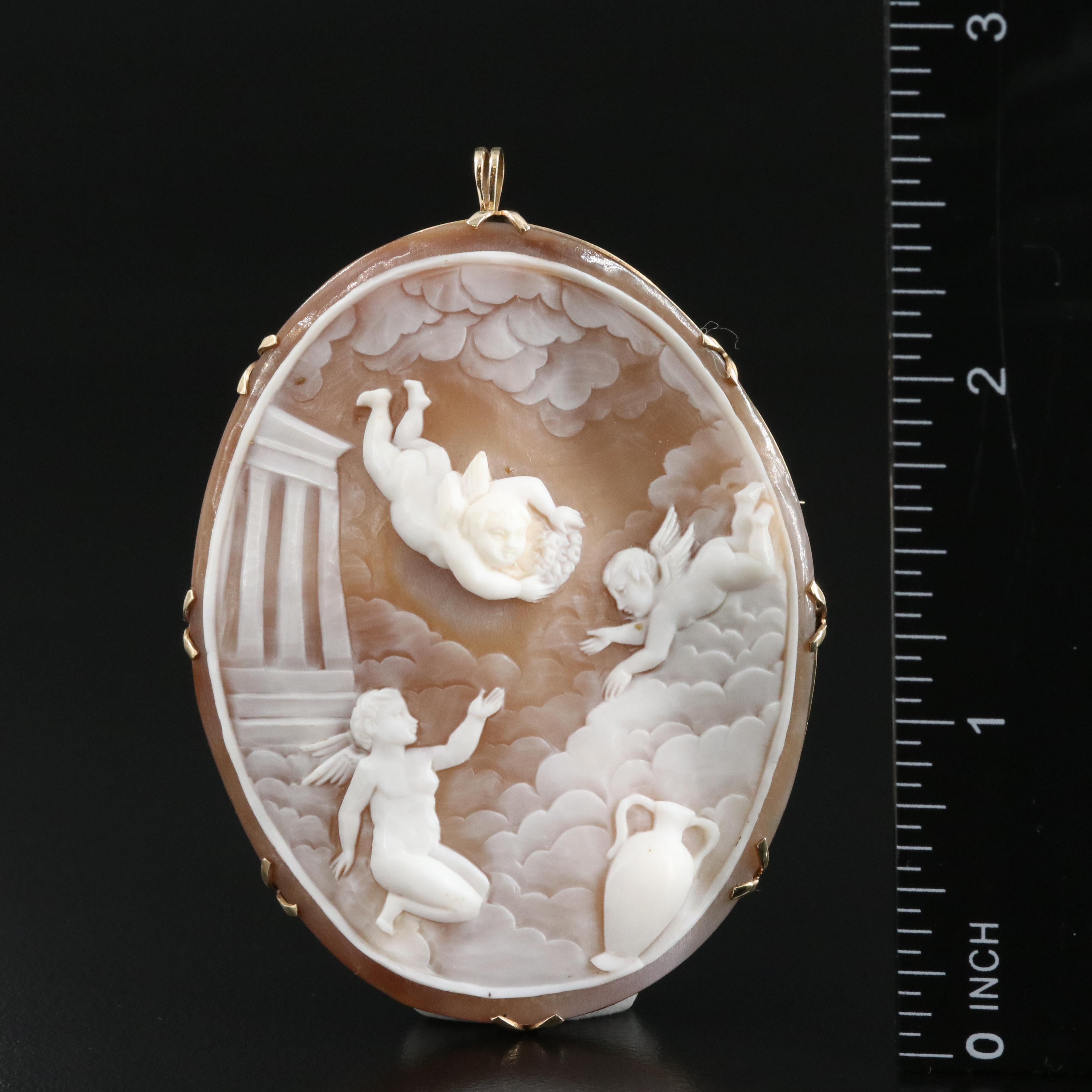 Vintage 10K Shell Three Cherub Motif Converter Brooch
