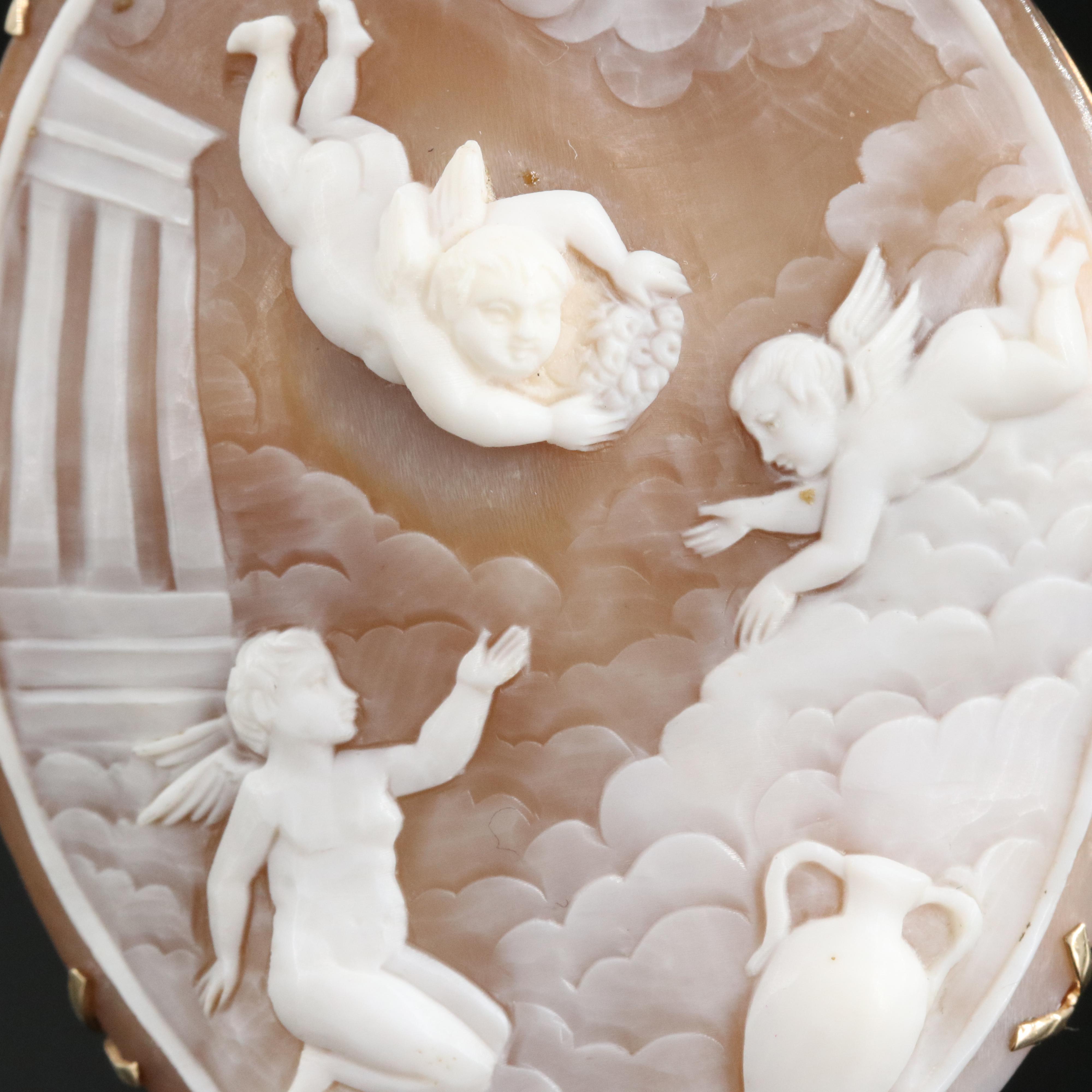 Vintage 10K Shell Three Cherub Motif Converter Brooch