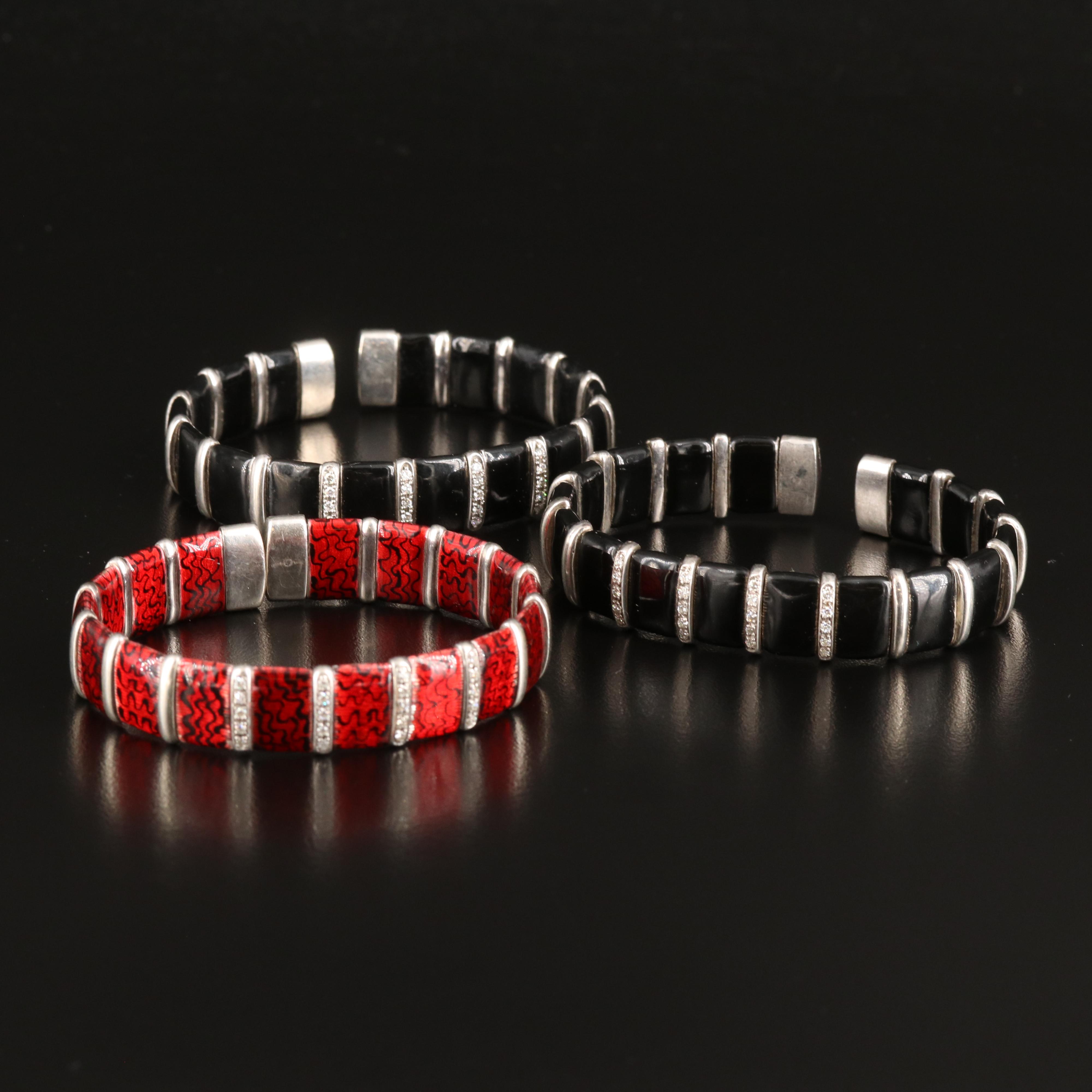 Sterling Guilloché Enamel and Diamond Cuffs