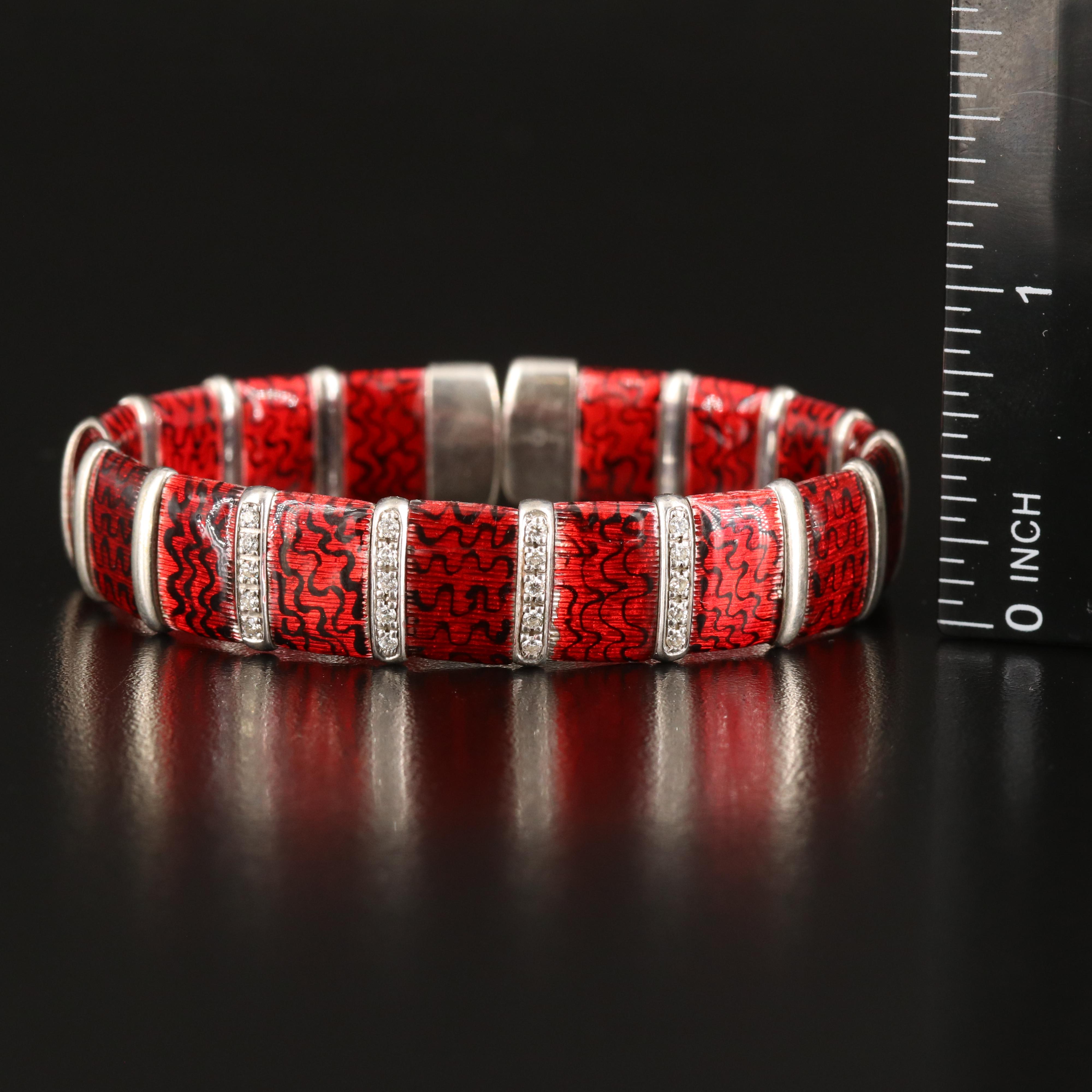 Sterling Guilloché Enamel and Diamond Cuffs