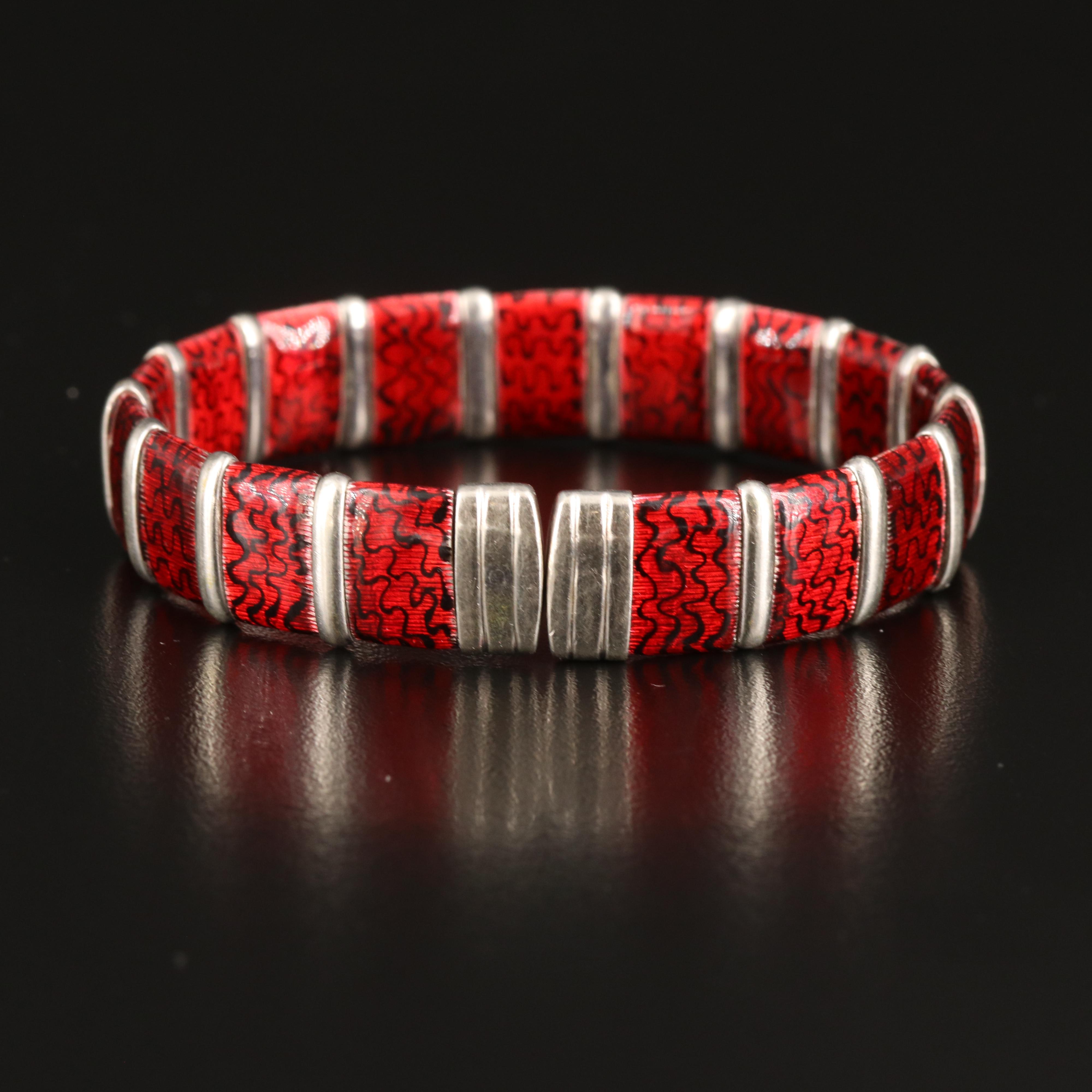 Sterling Guilloché Enamel and Diamond Cuffs