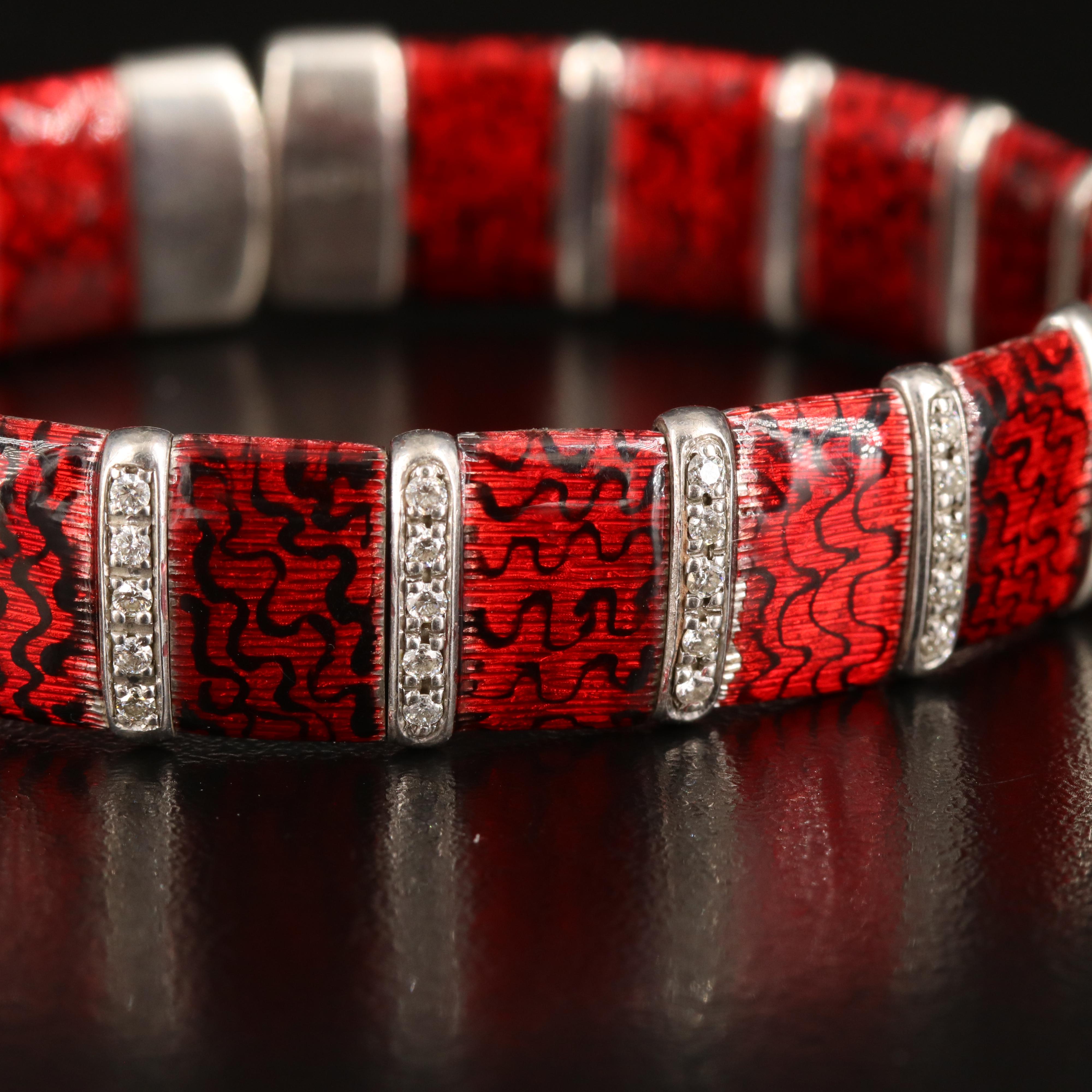 Sterling Guilloché Enamel and Diamond Cuffs