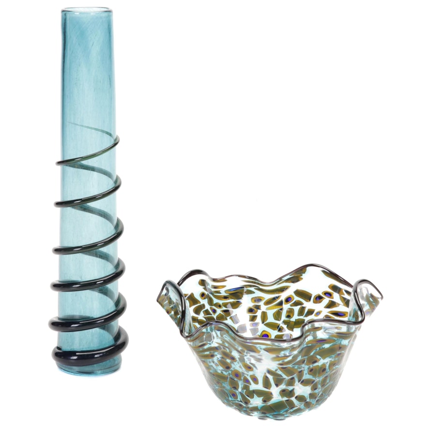 Signed Hand-Blown Art Glass Confetti Bowl and Trailing Vase