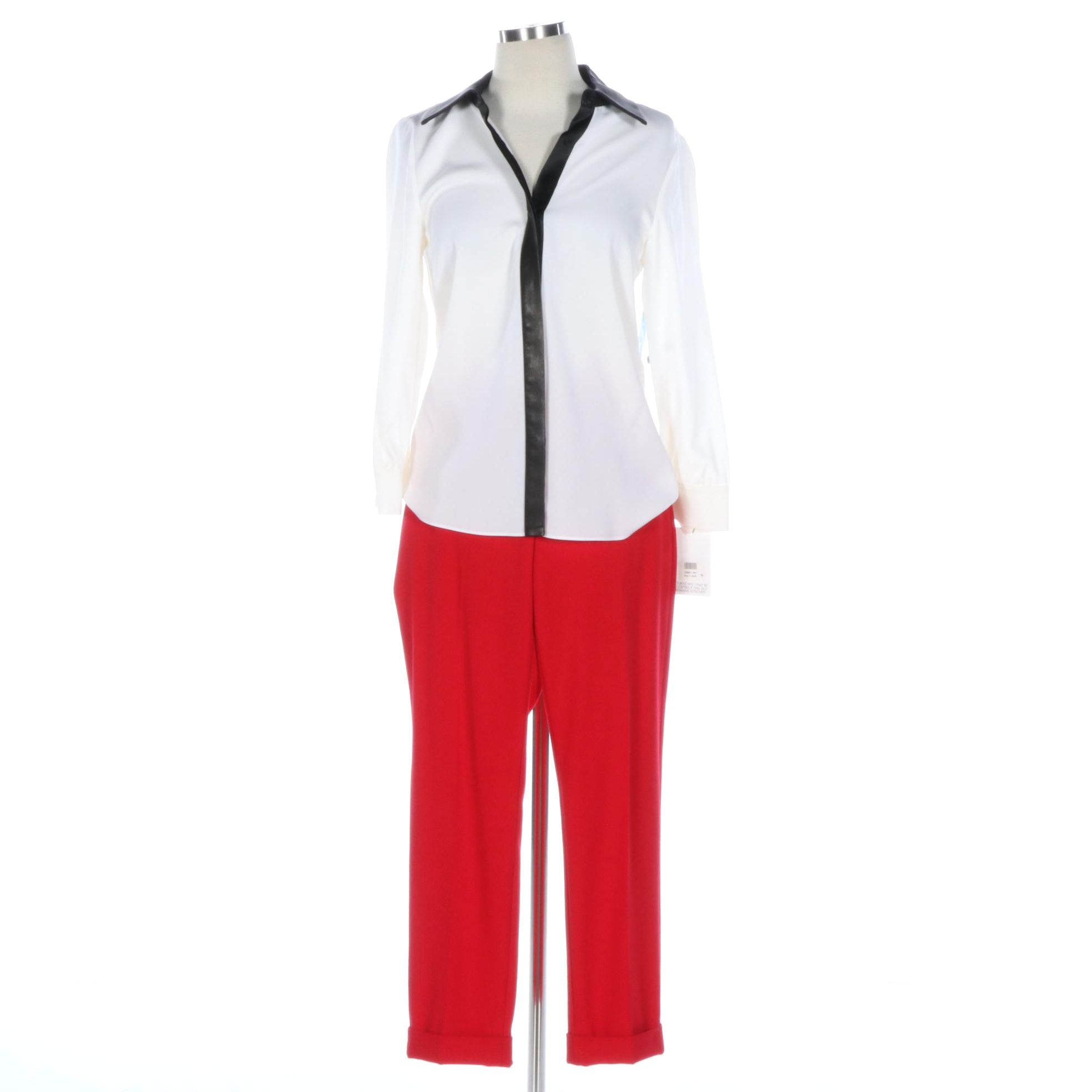Alice + Olivia Button-Down Shirt with Lambskin Trim and Crepe Trousers