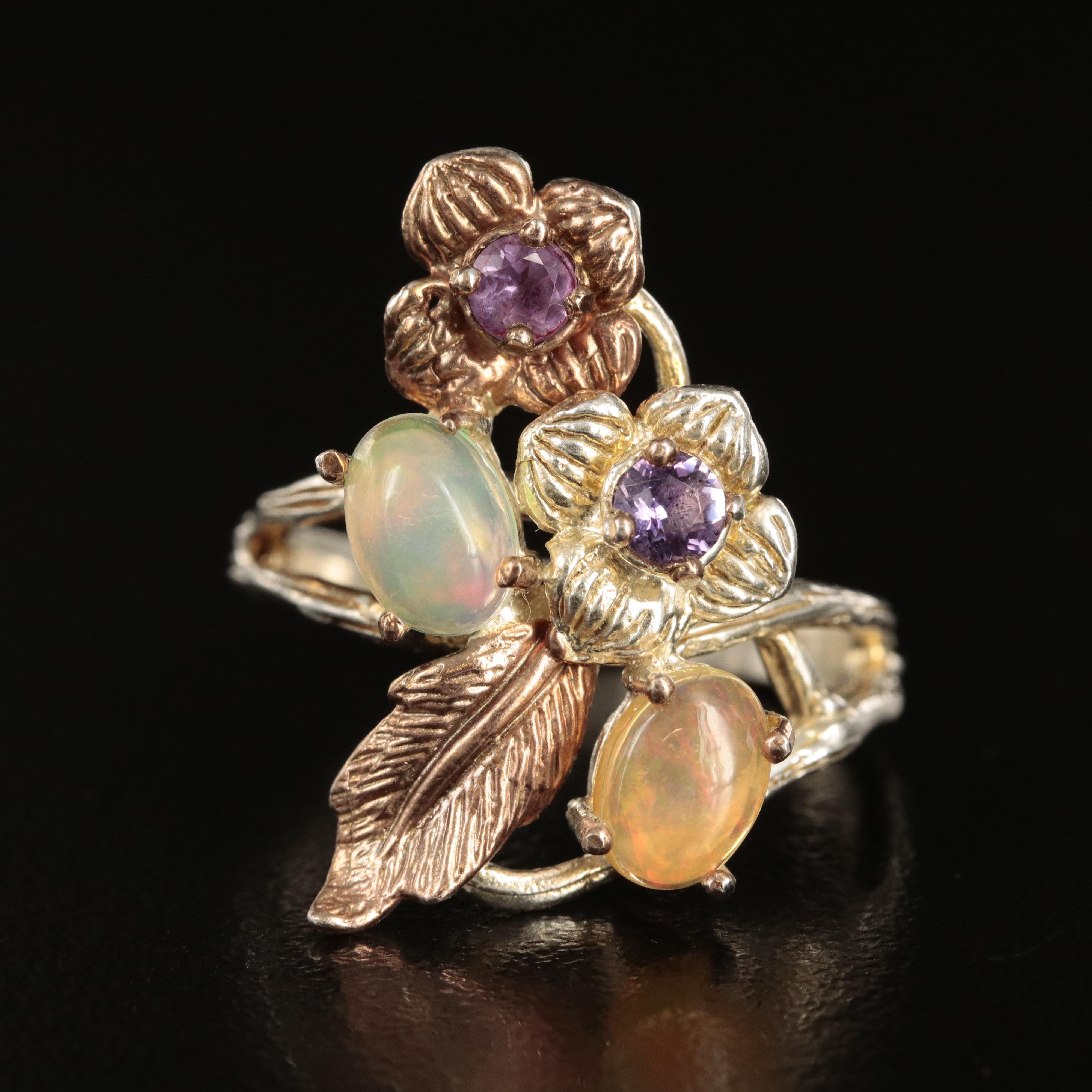 Sterling Opal and Amethyst Floral Ring