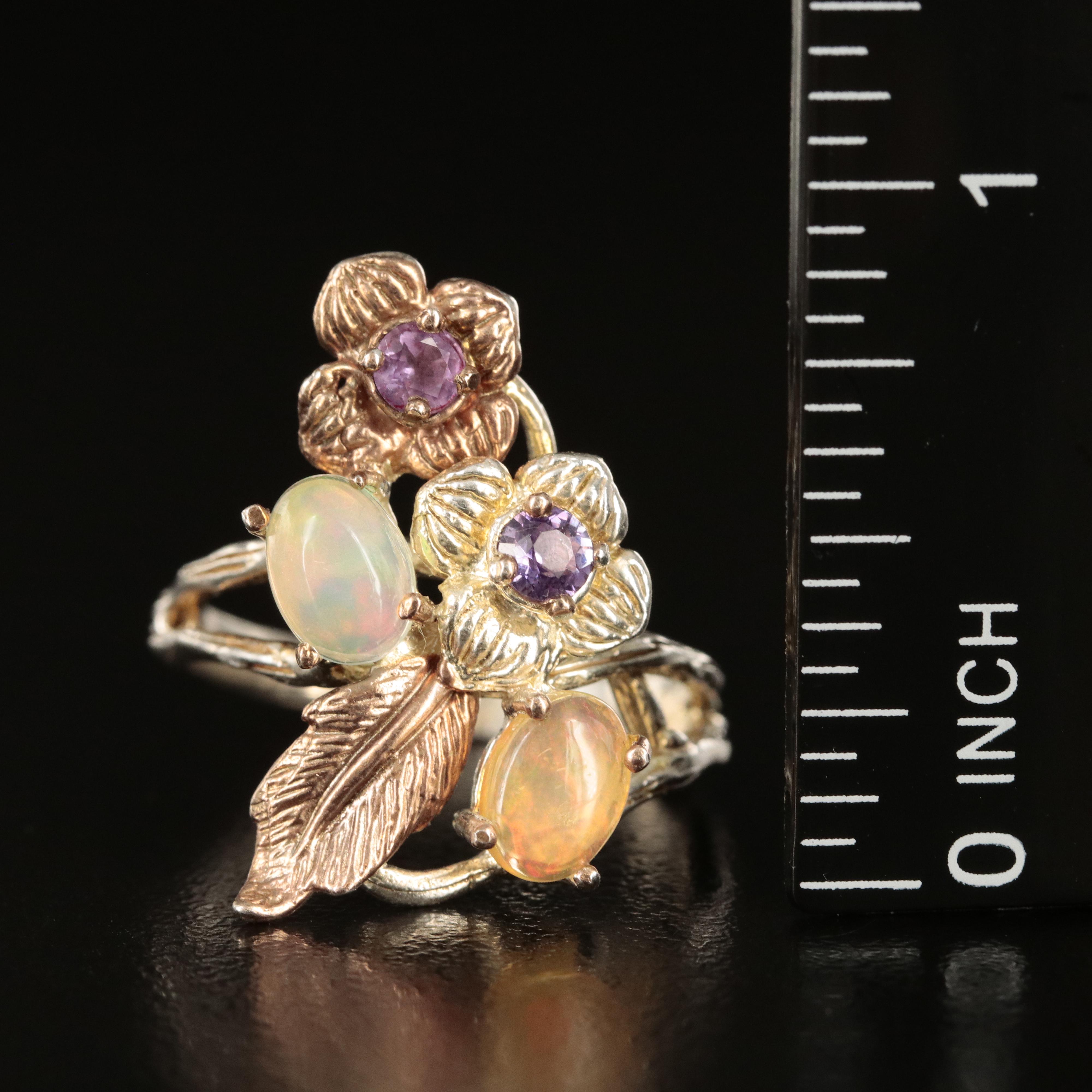 Sterling Opal and Amethyst Floral Ring