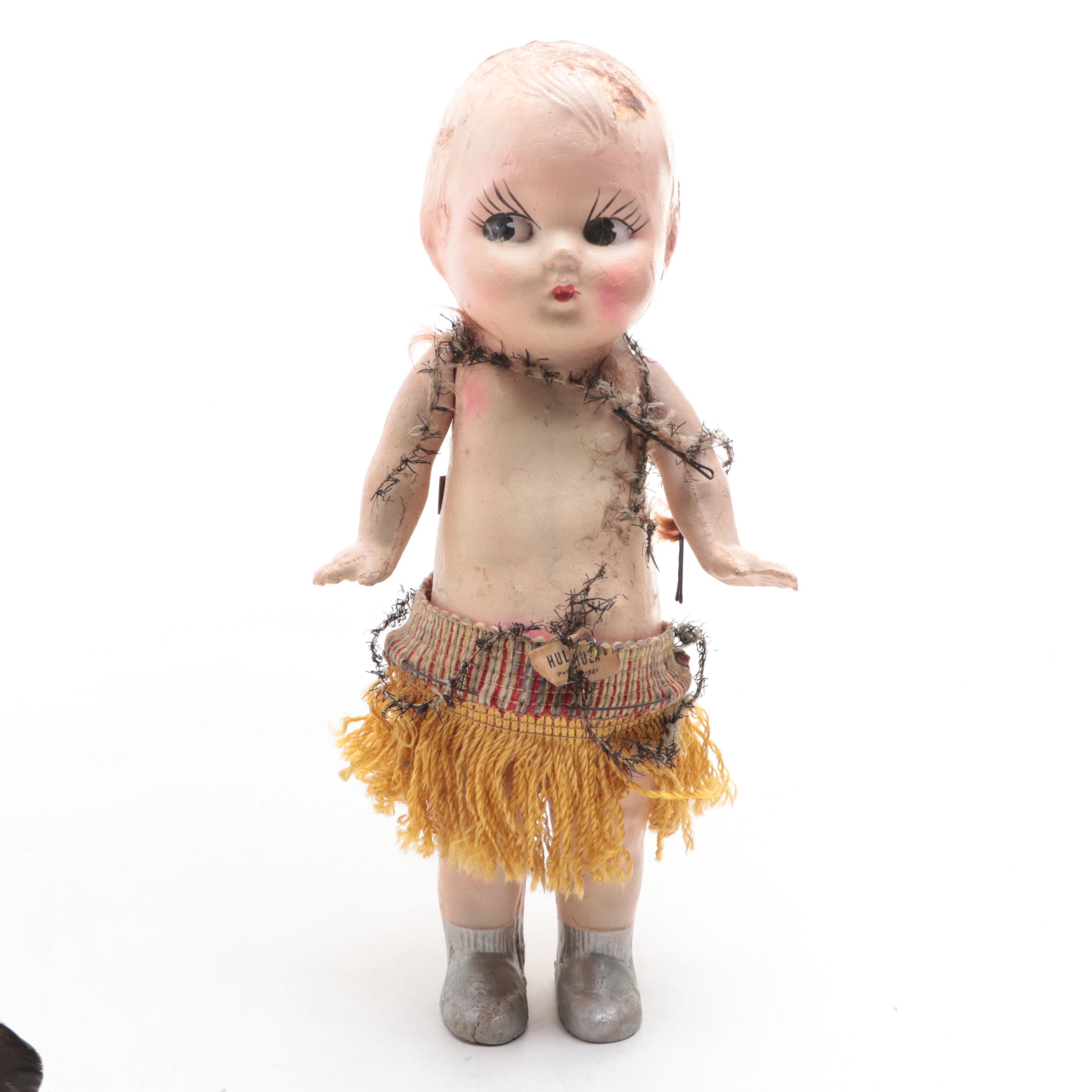 Kewpie Style Wind-Up Hula Hula Doll with Other Dolls, Early to Mid-20th Century