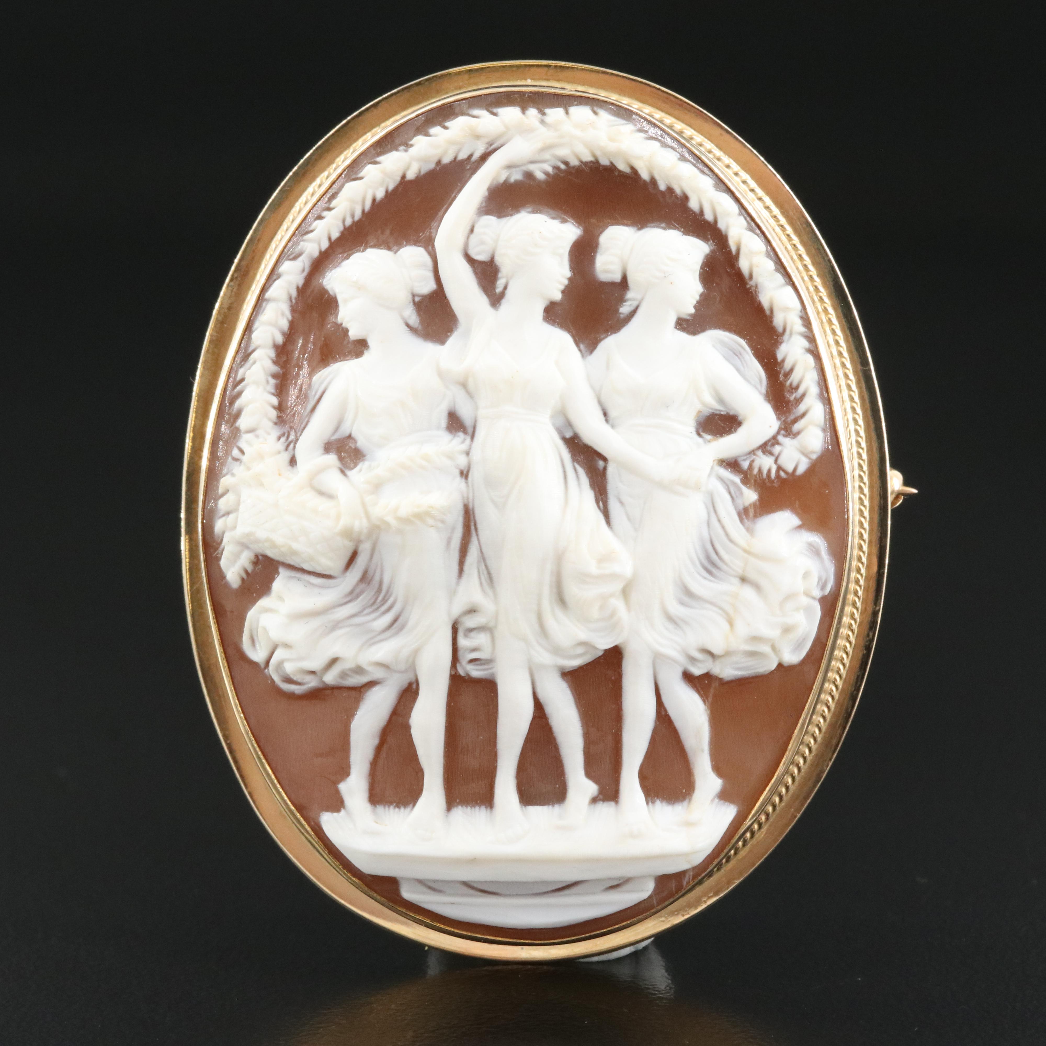 Vintage 14K Shell Three Muses Cameo Converter Brooch
