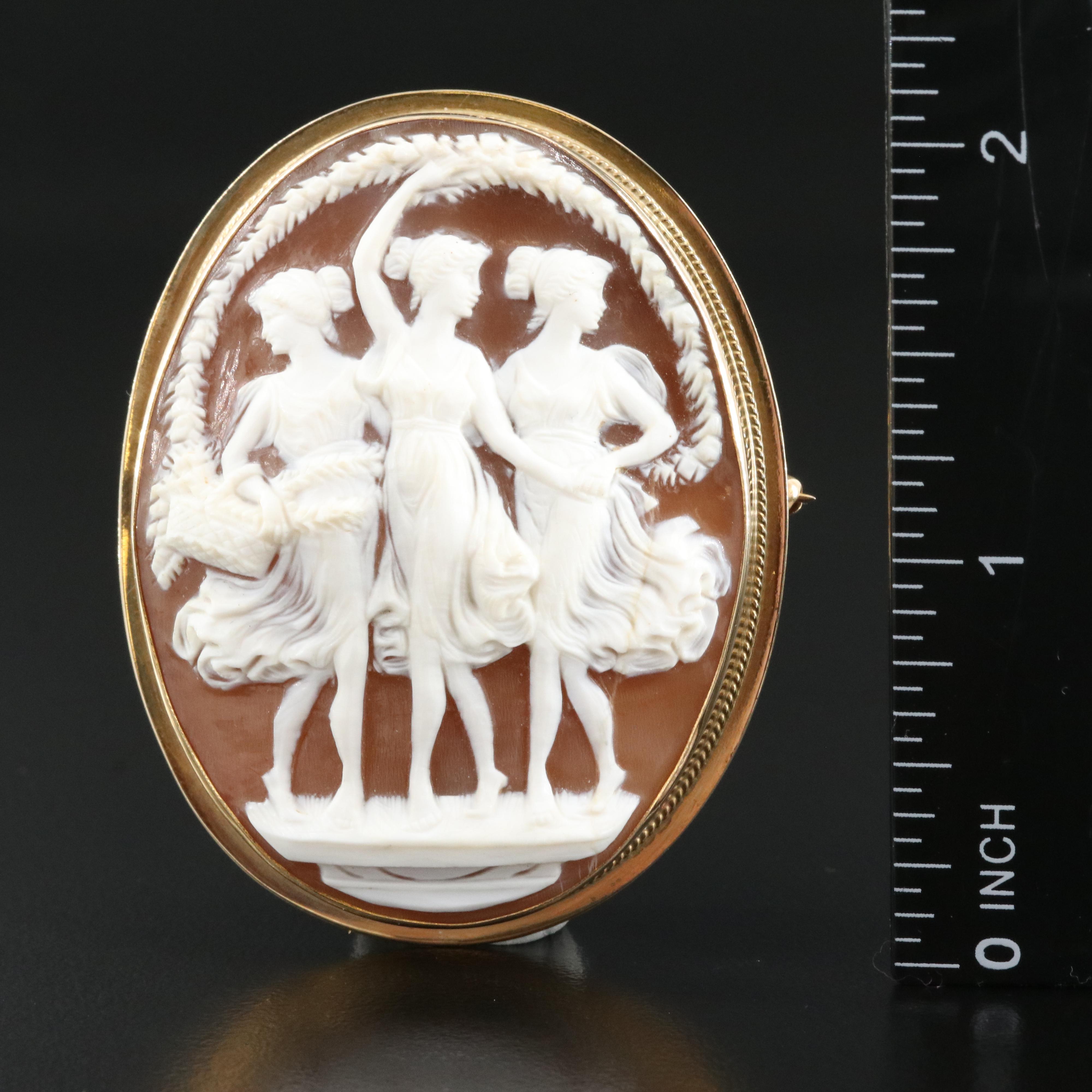 Vintage 14K Shell Three Muses Cameo Converter Brooch