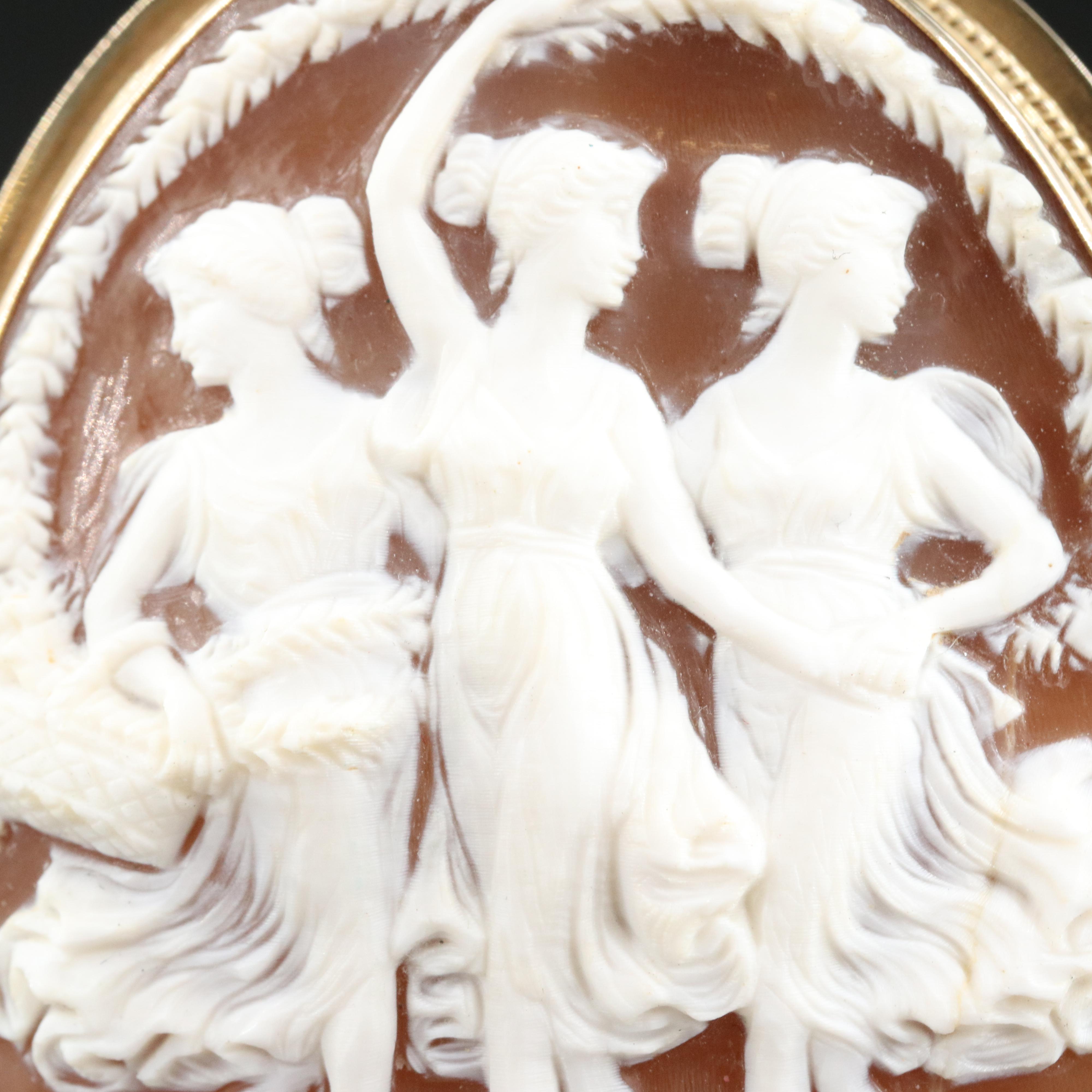 Vintage 14K Shell Three Muses Cameo Converter Brooch
