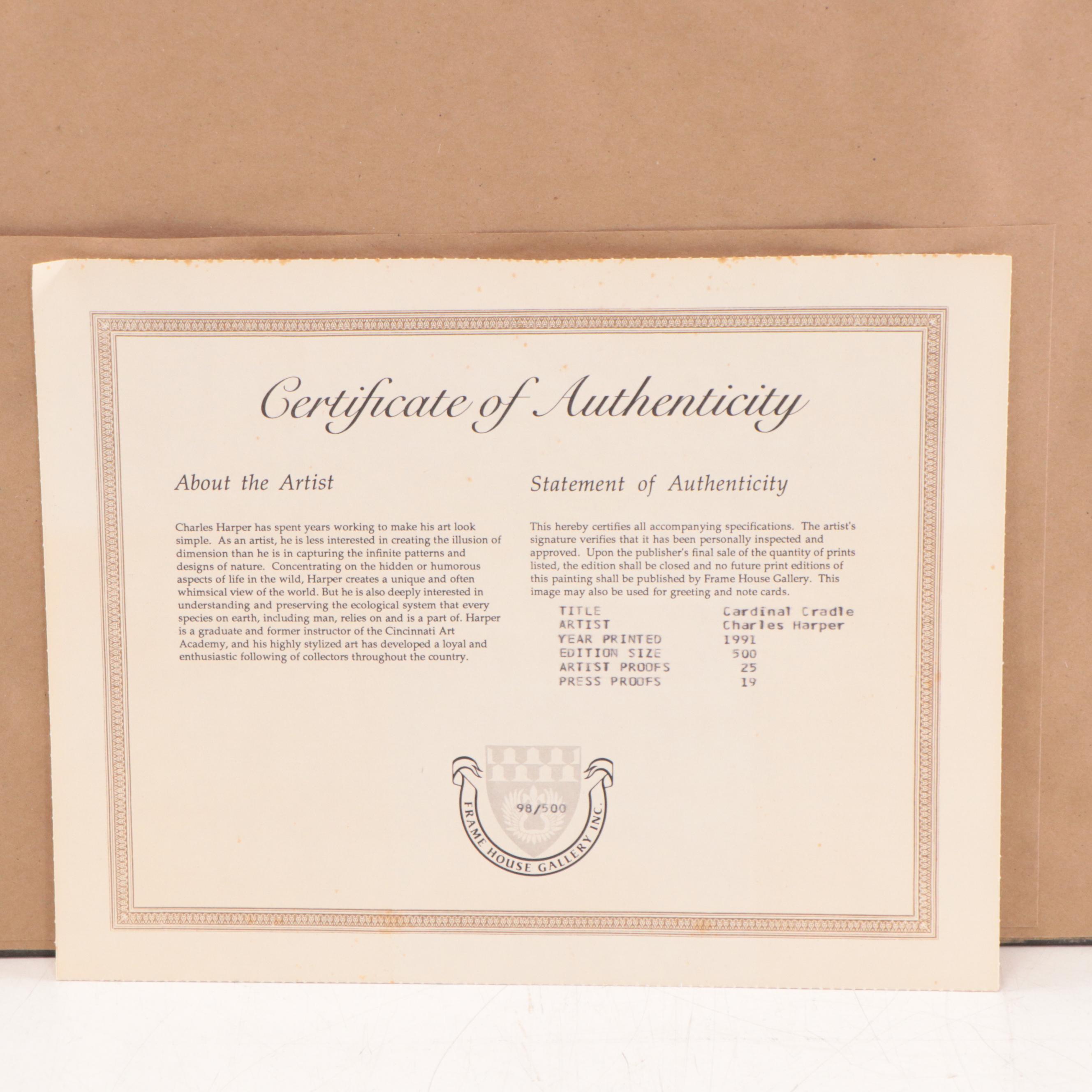 Charley Harper Serigraph "Cardinal Cradle," 1991