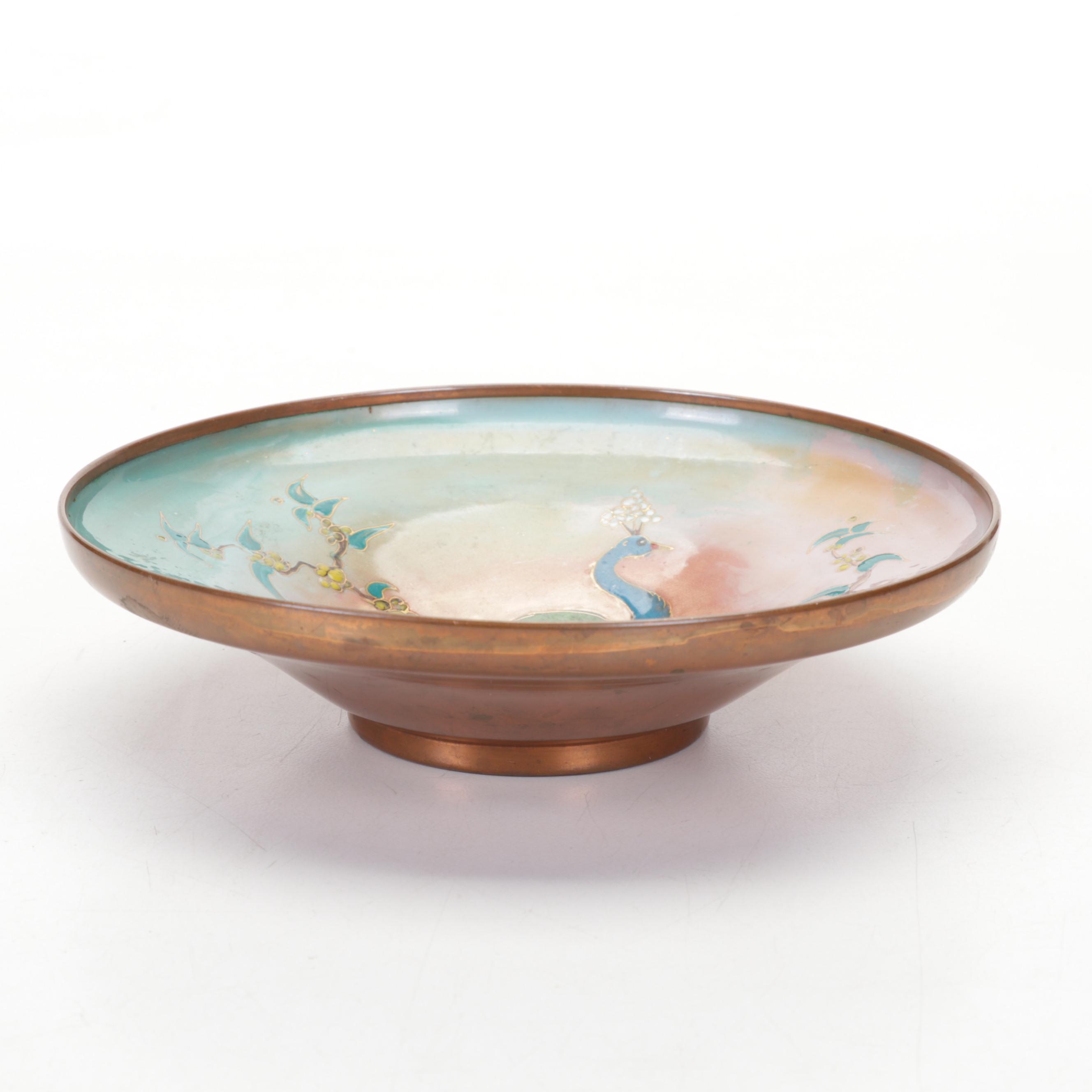 Chinese Brass and Cloisonné Decorated Vases, Lidded Jar, Ashtray, and Bowl