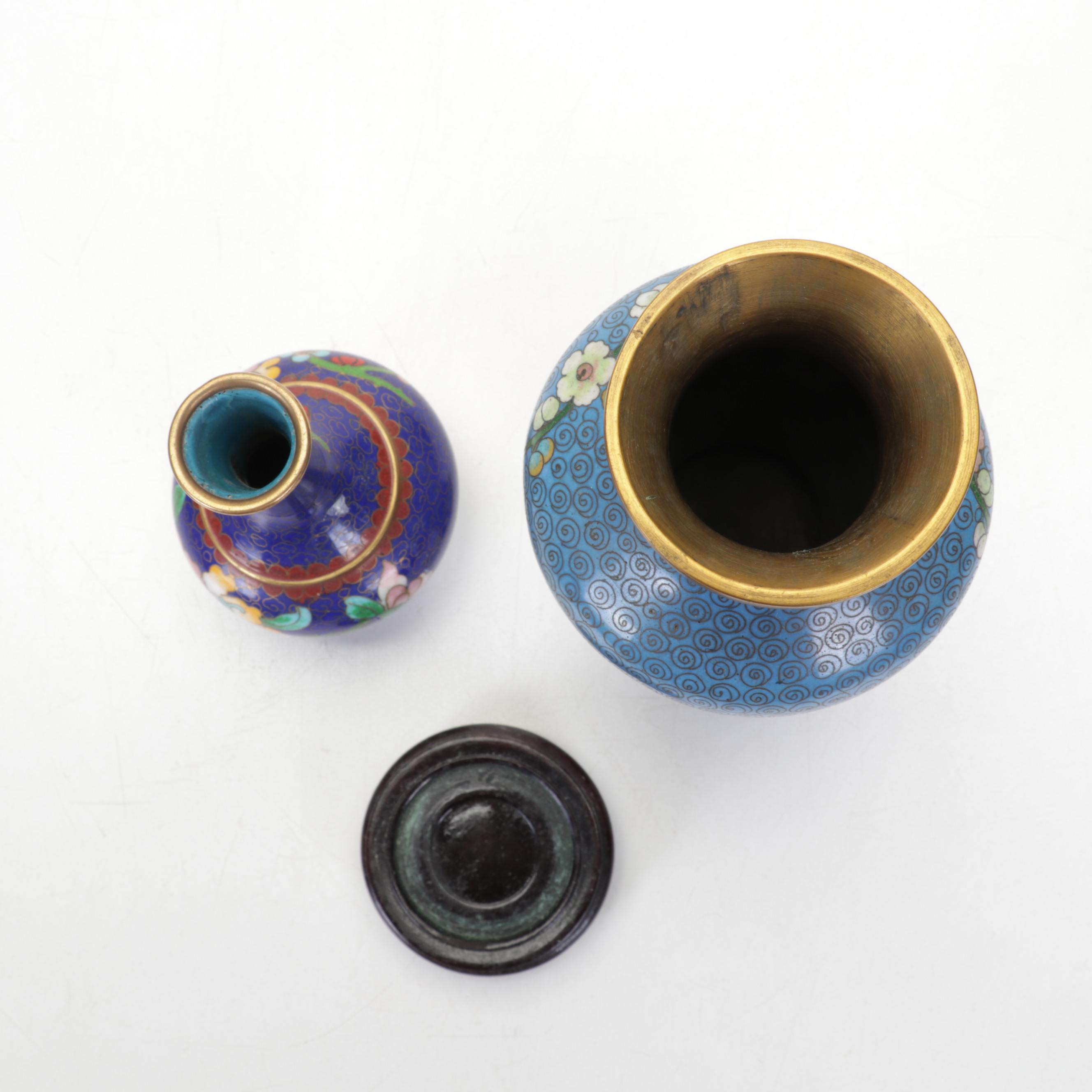 Chinese Brass and Cloisonné Decorated Vases, Lidded Jar, Ashtray, and Bowl