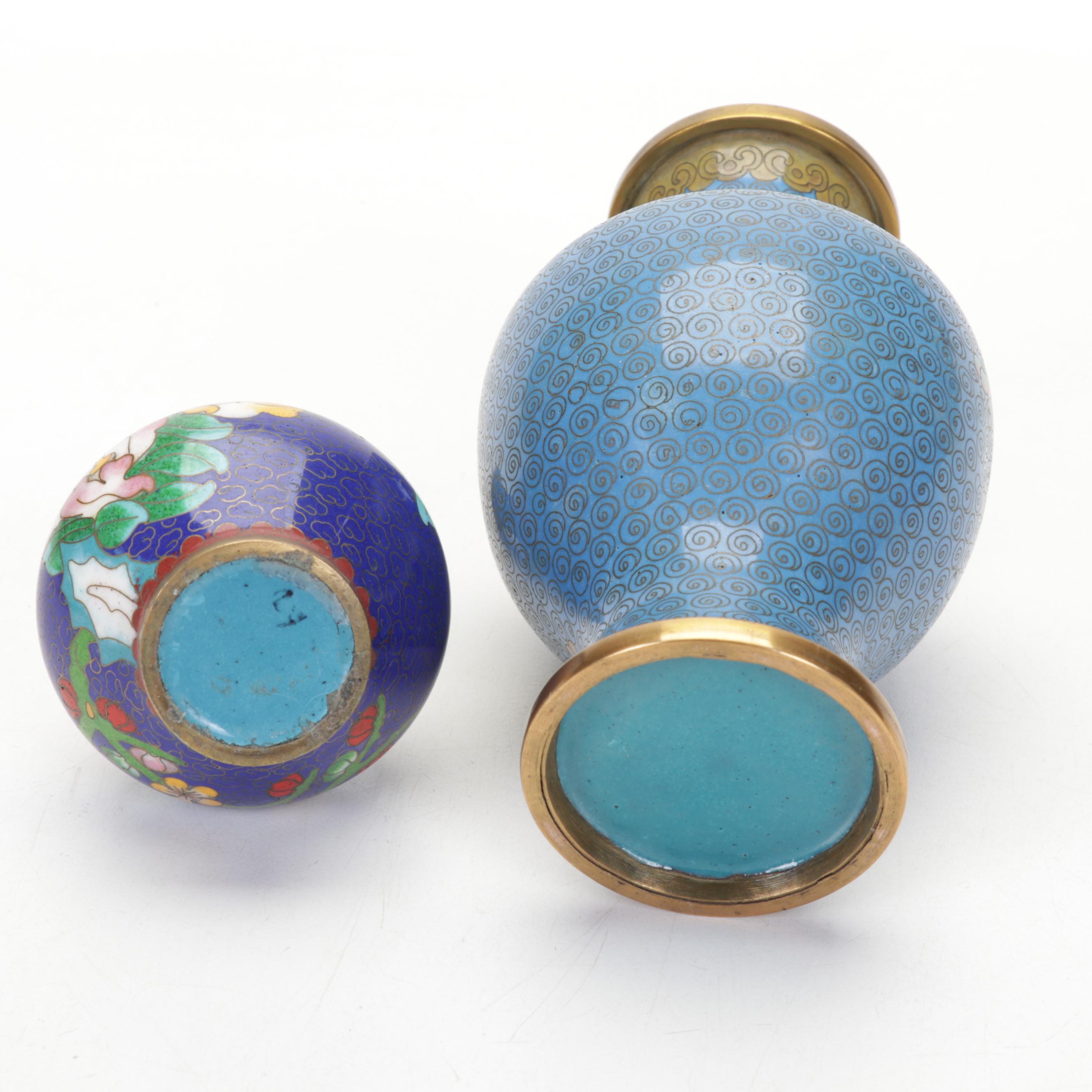 Chinese Brass and Cloisonné Decorated Vases, Lidded Jar, Ashtray, and Bowl