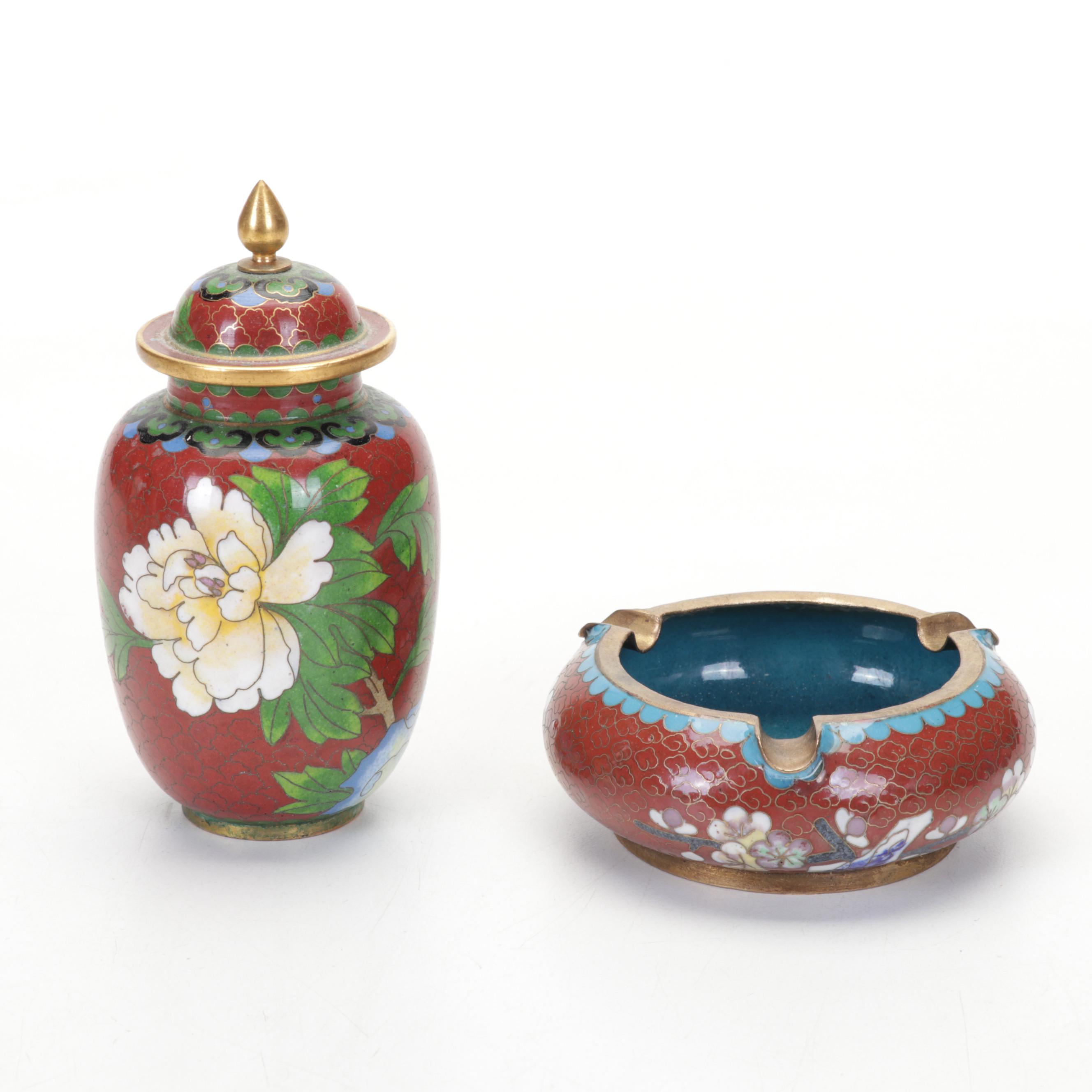 Chinese Brass and Cloisonné Decorated Vases, Lidded Jar, Ashtray, and Bowl