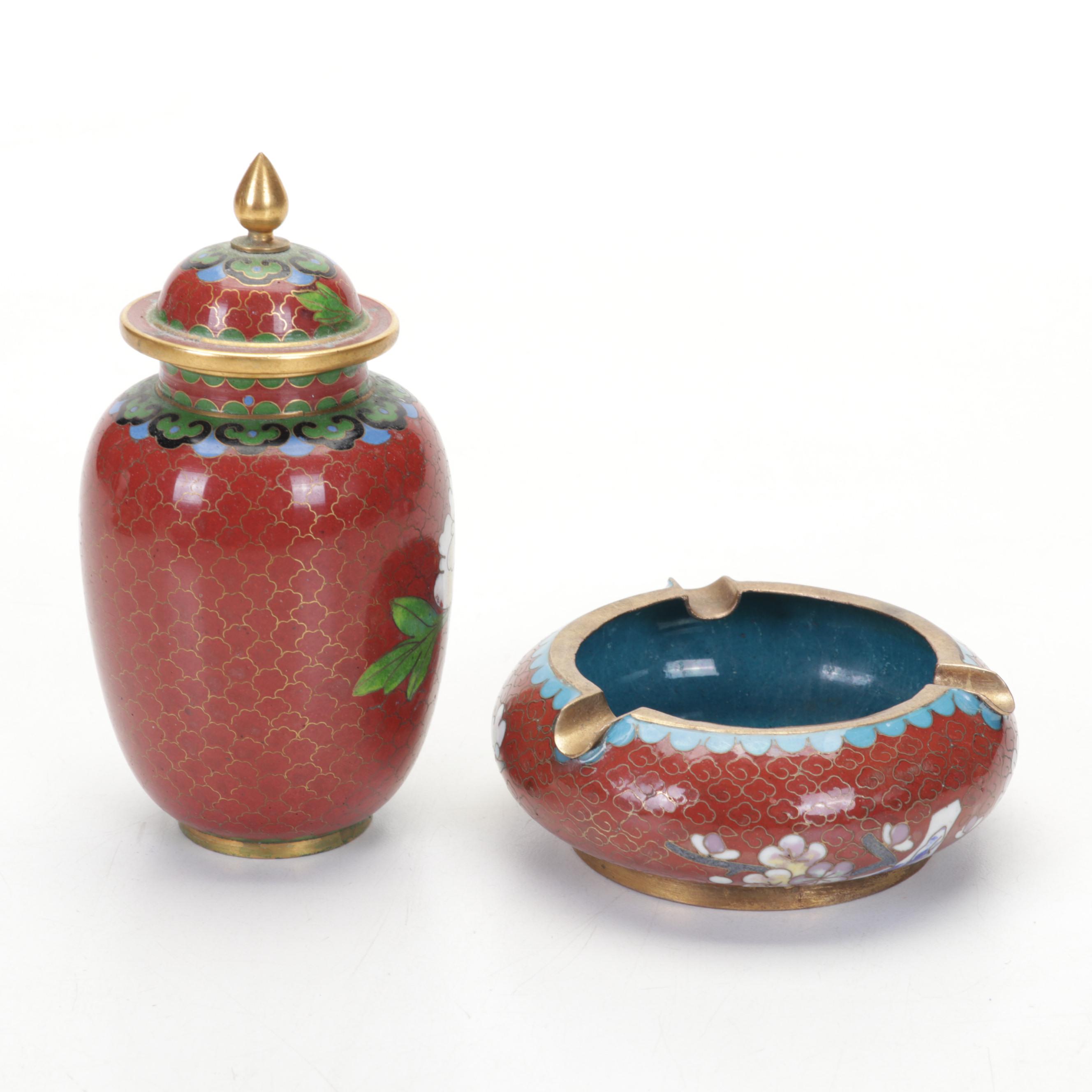 Chinese Brass and Cloisonné Decorated Vases, Lidded Jar, Ashtray, and Bowl