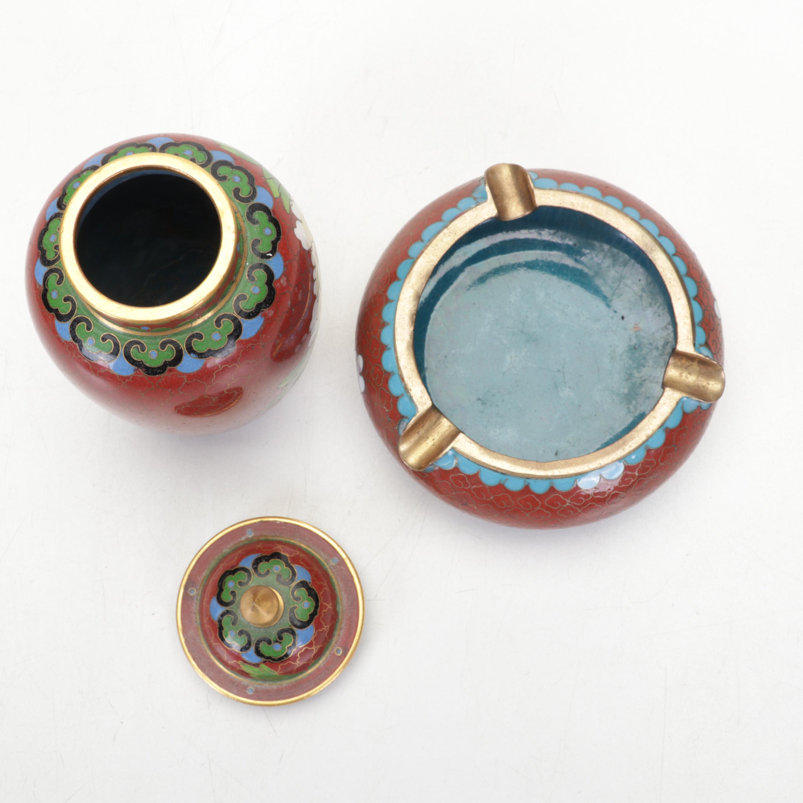 Chinese Brass and Cloisonné Decorated Vases, Lidded Jar, Ashtray, and Bowl