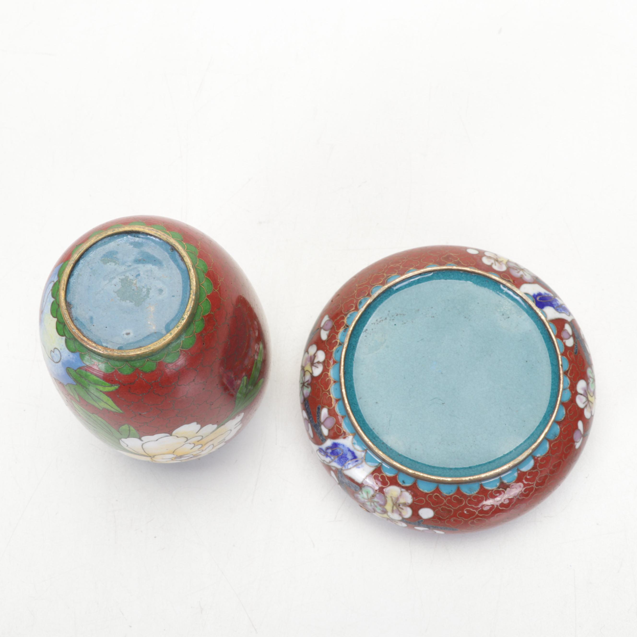 Chinese Brass and Cloisonné Decorated Vases, Lidded Jar, Ashtray, and Bowl