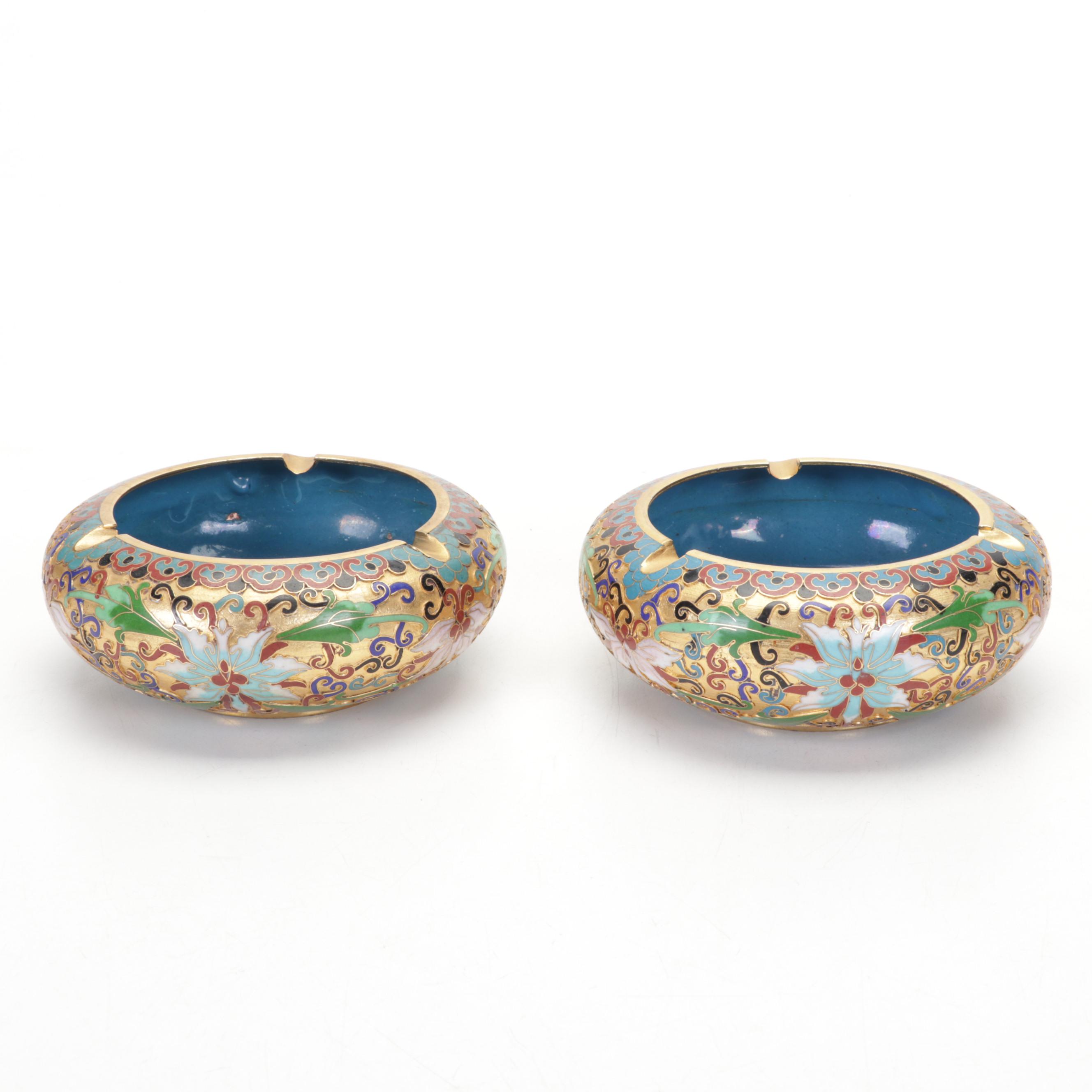 Chinese Brass and Cloisonné Decorated Vases, Lidded Jar, Ashtray, and Bowl