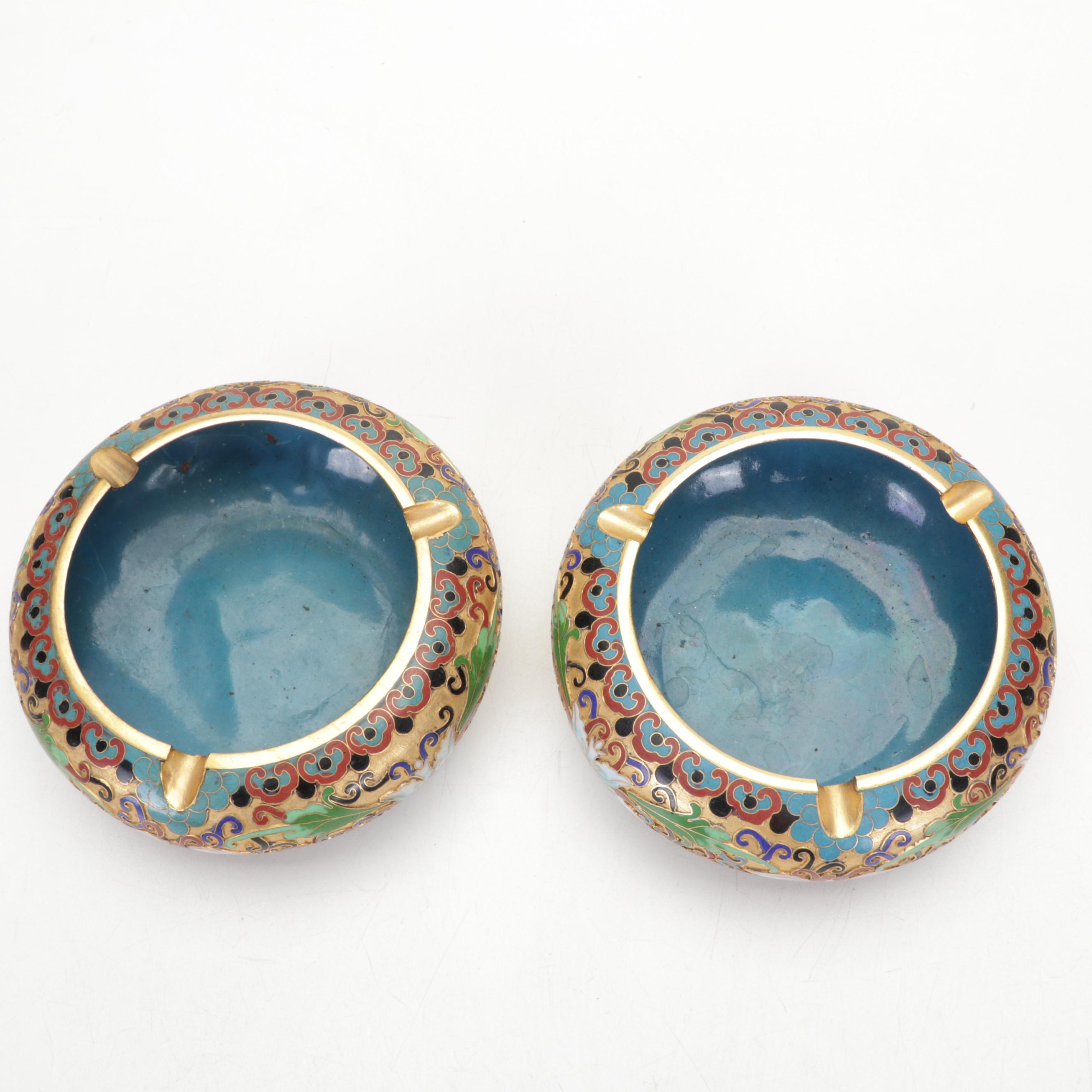 Chinese Brass and Cloisonné Decorated Vases, Lidded Jar, Ashtray, and Bowl