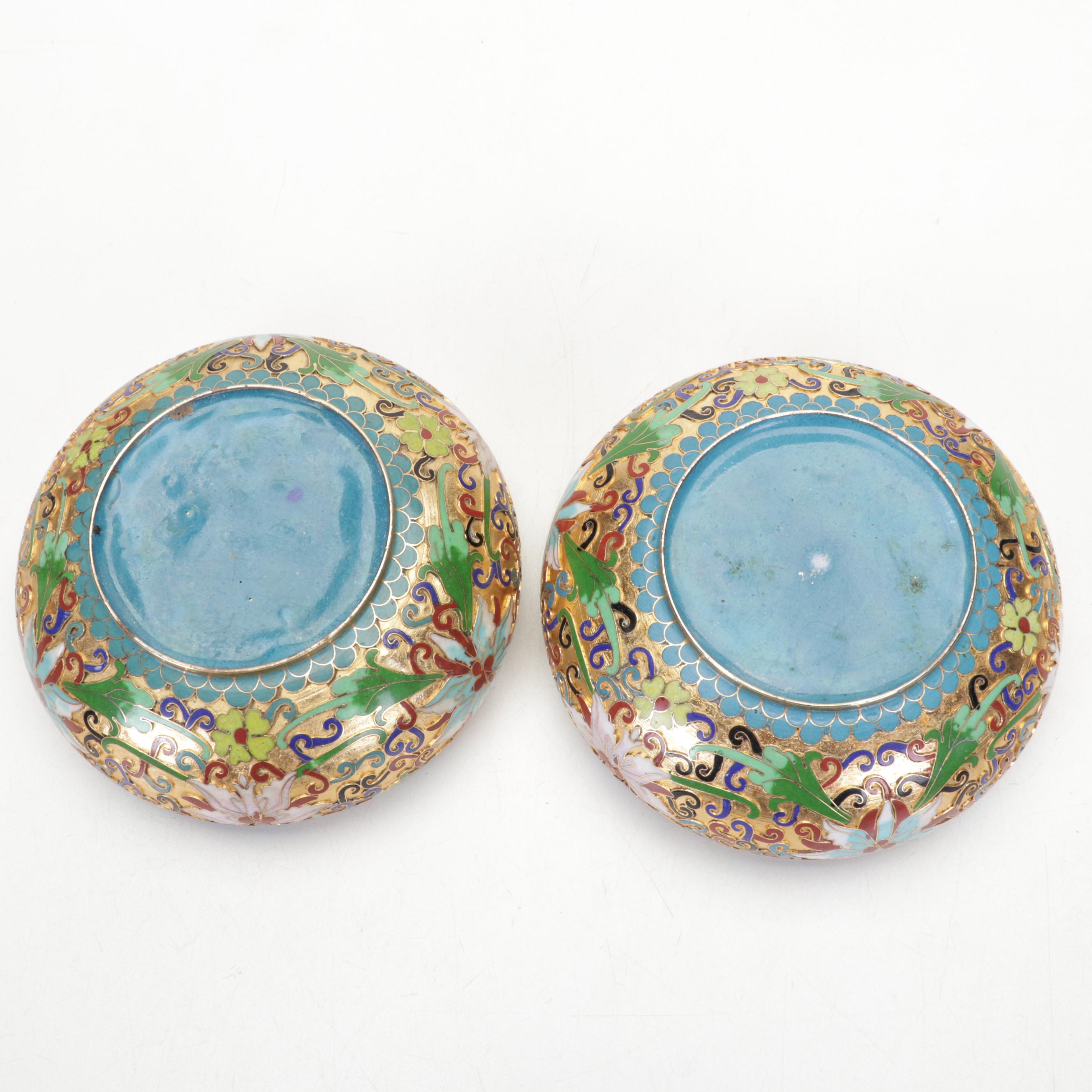 Chinese Brass and Cloisonné Decorated Vases, Lidded Jar, Ashtray, and Bowl