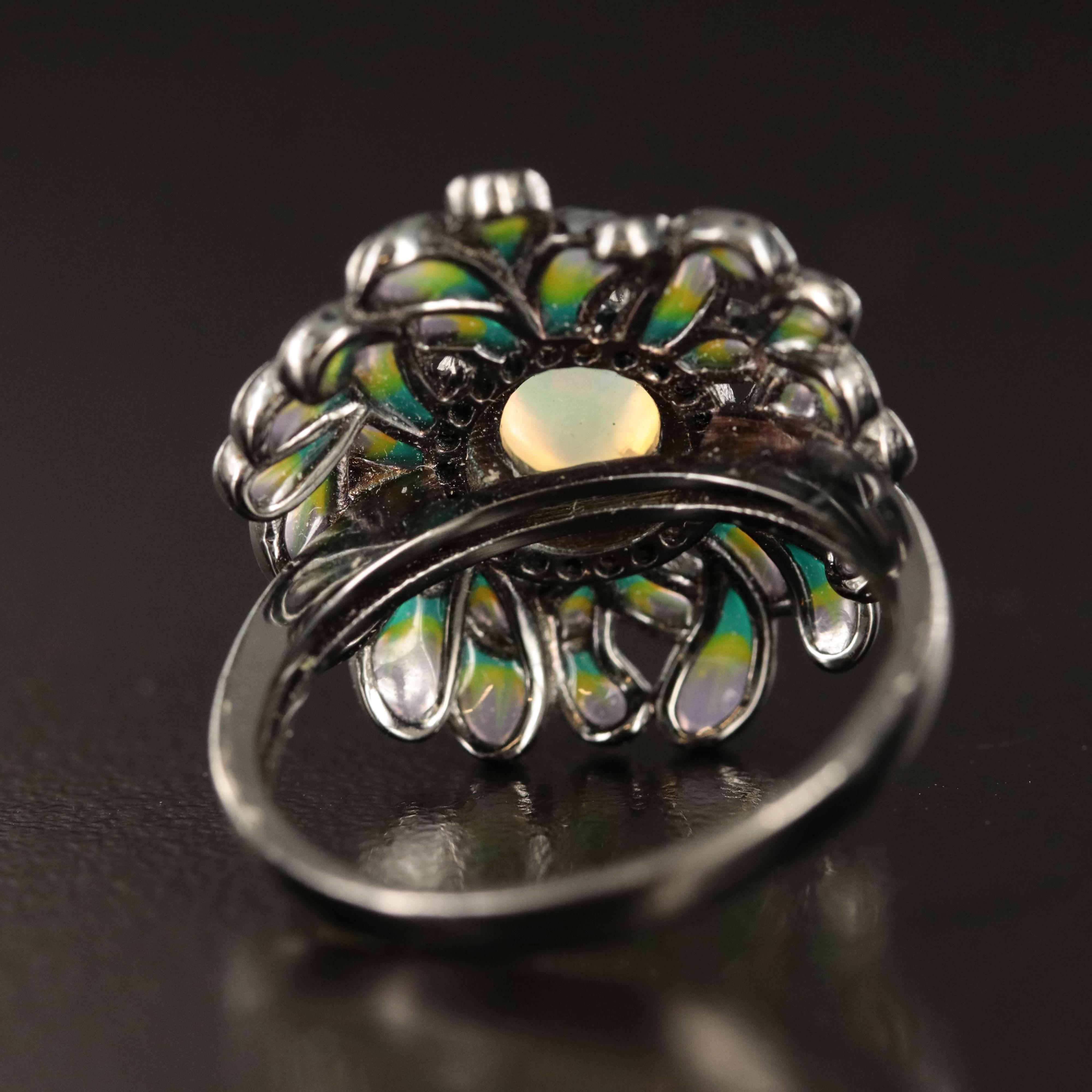 Sterling Opal, Cubic Zirconia and Enamel Ring with Plique - a - Jour Accents