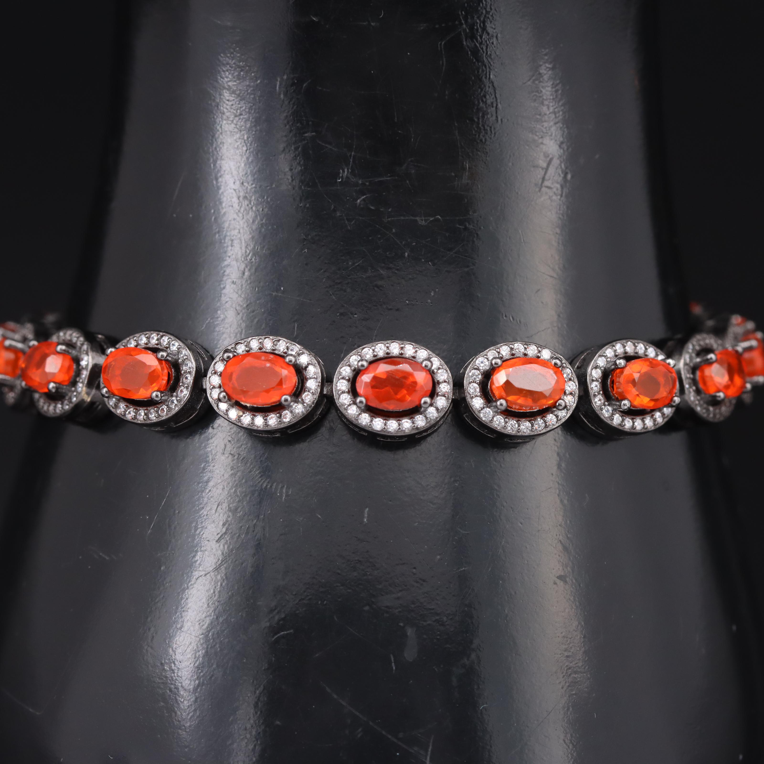 Sterling Fire Opal and Cubic Zirconia Bracelet