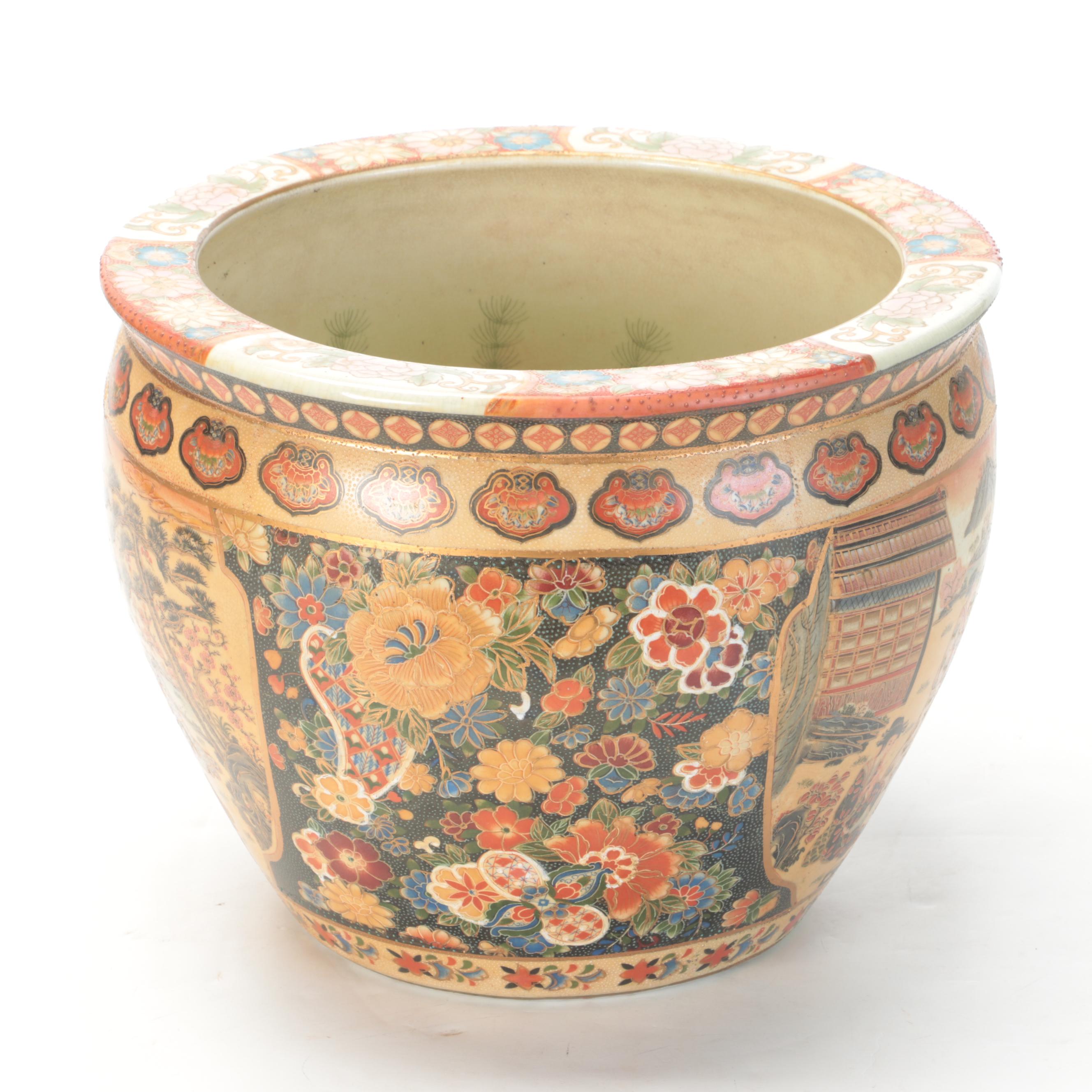 Chinese Satsuma Style Ceramic Fishbowl Planter with Stand
