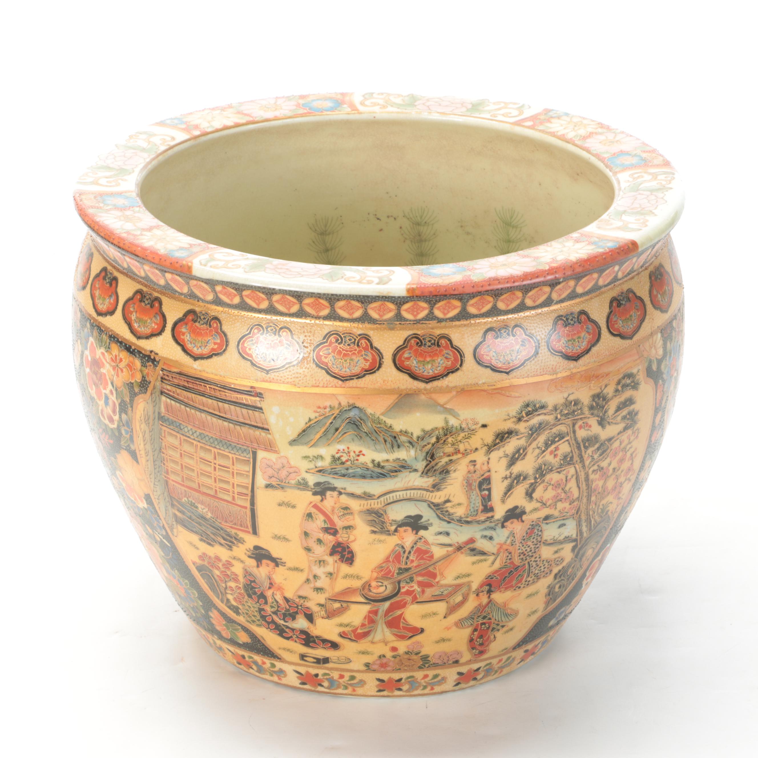 Chinese Satsuma Style Ceramic Fishbowl Planter with Stand