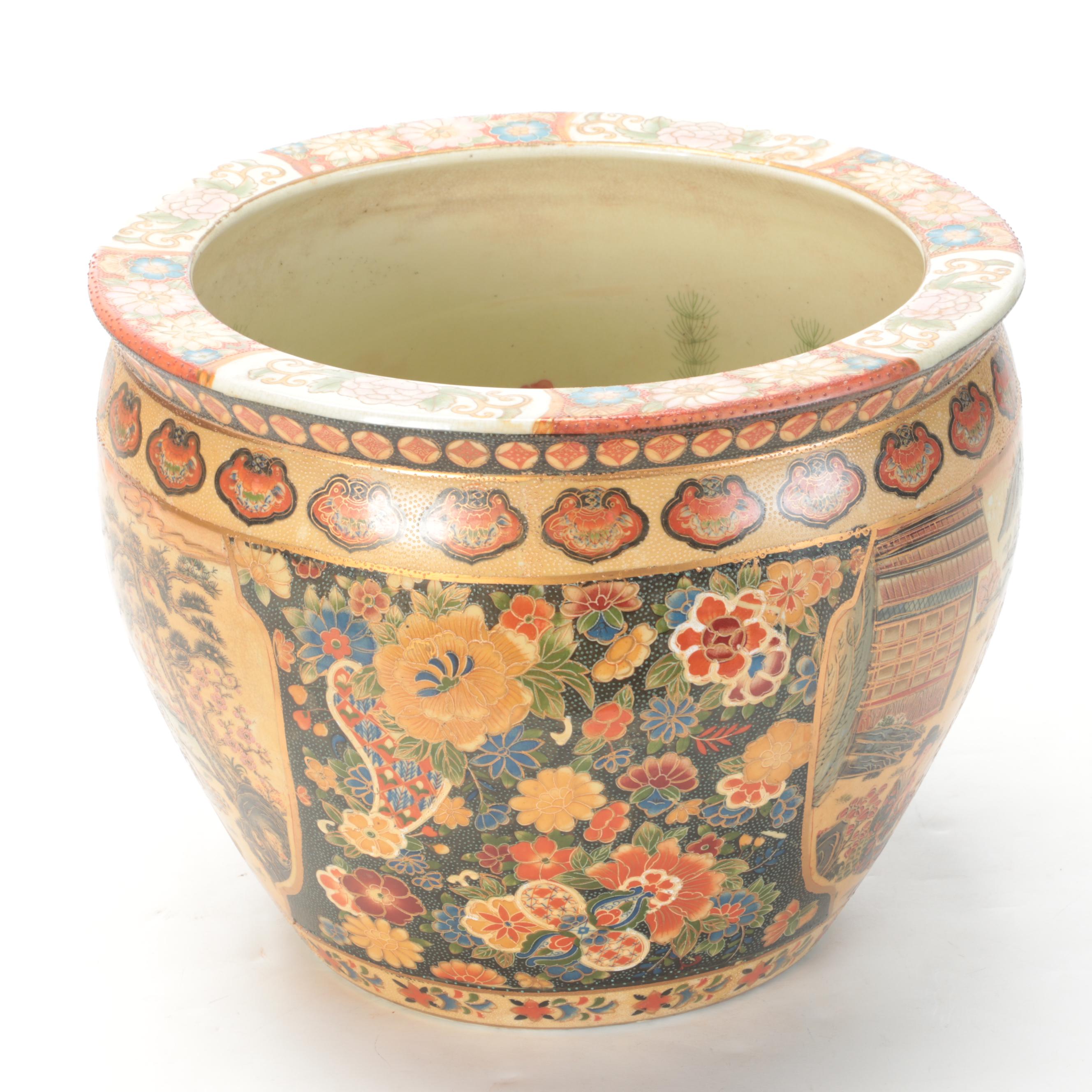 Chinese Satsuma Style Ceramic Fishbowl Planter with Stand