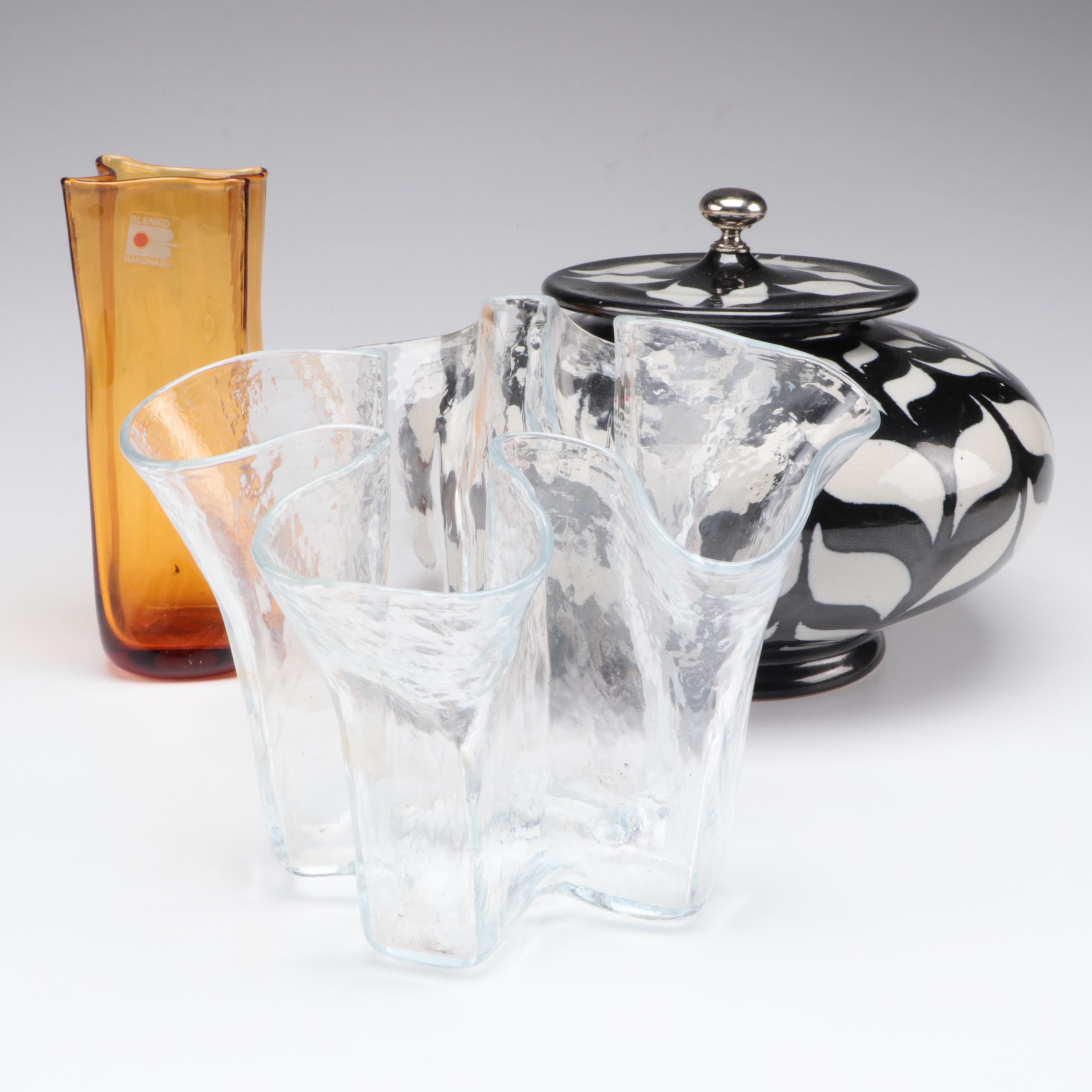 Brian Moore Covered Ceramic Bowl with Blenko and Muuria Glass Vases