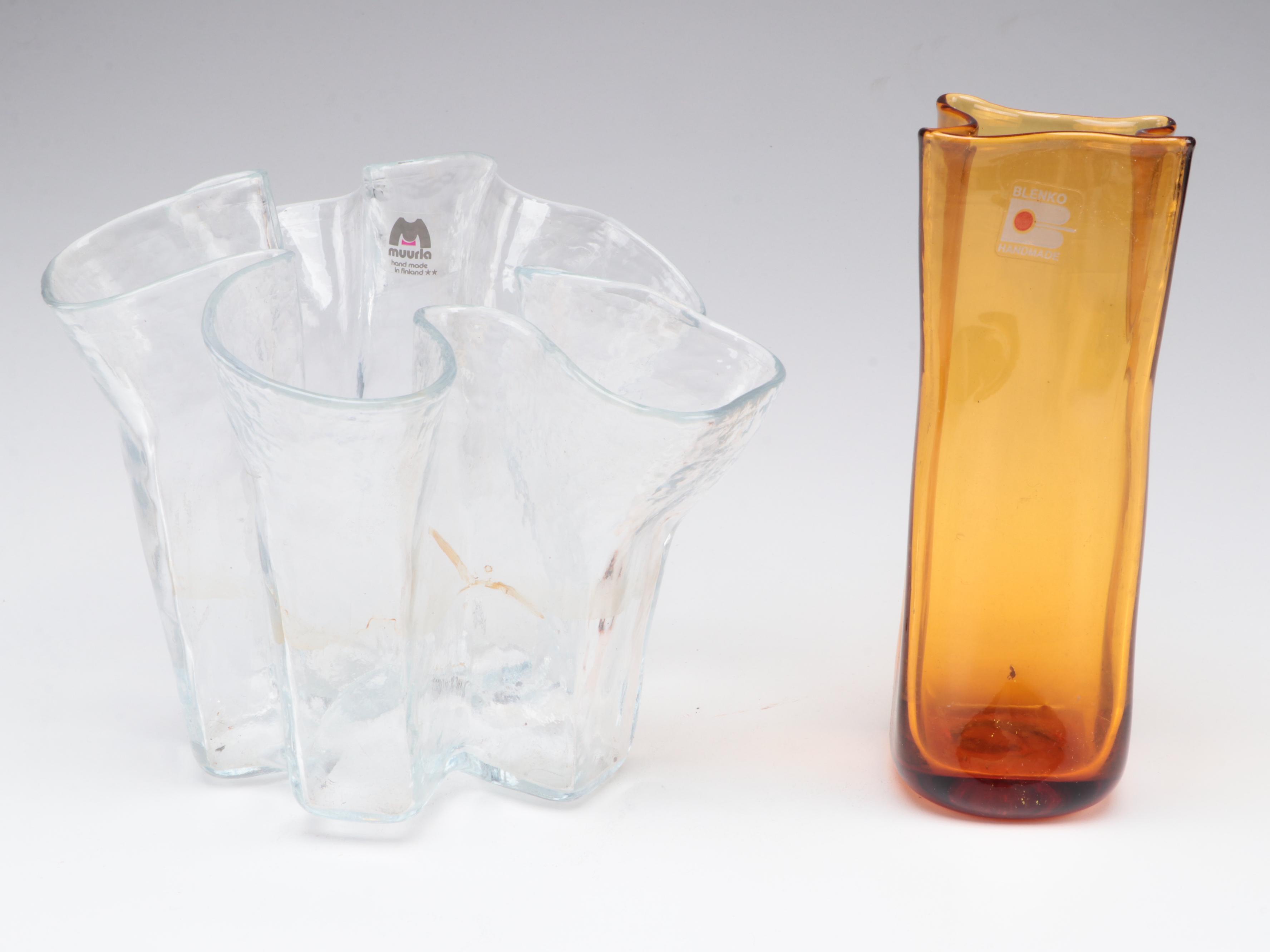 Brian Moore Covered Ceramic Bowl with Blenko and Muuria Glass Vases