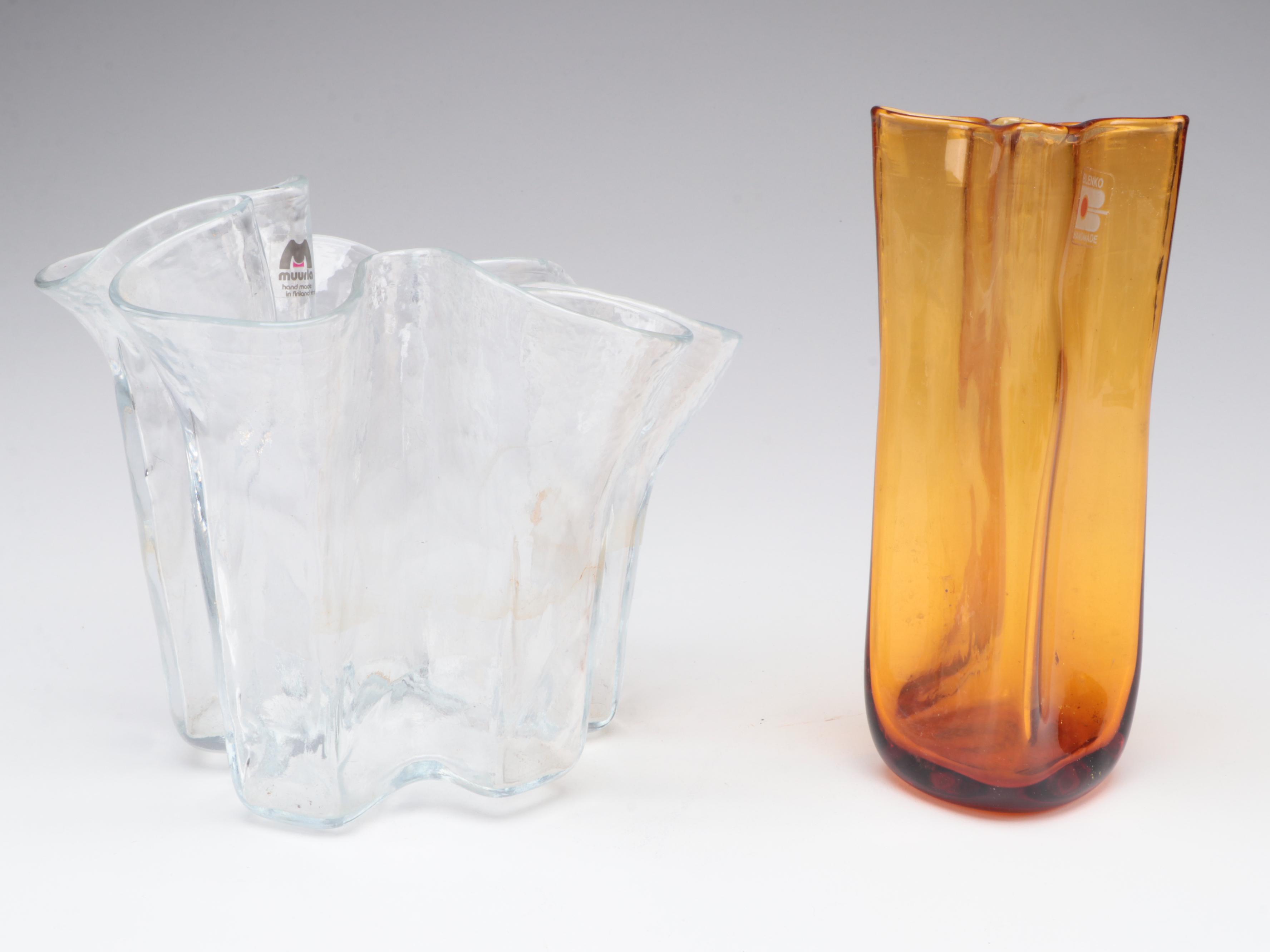 Brian Moore Covered Ceramic Bowl with Blenko and Muuria Glass Vases