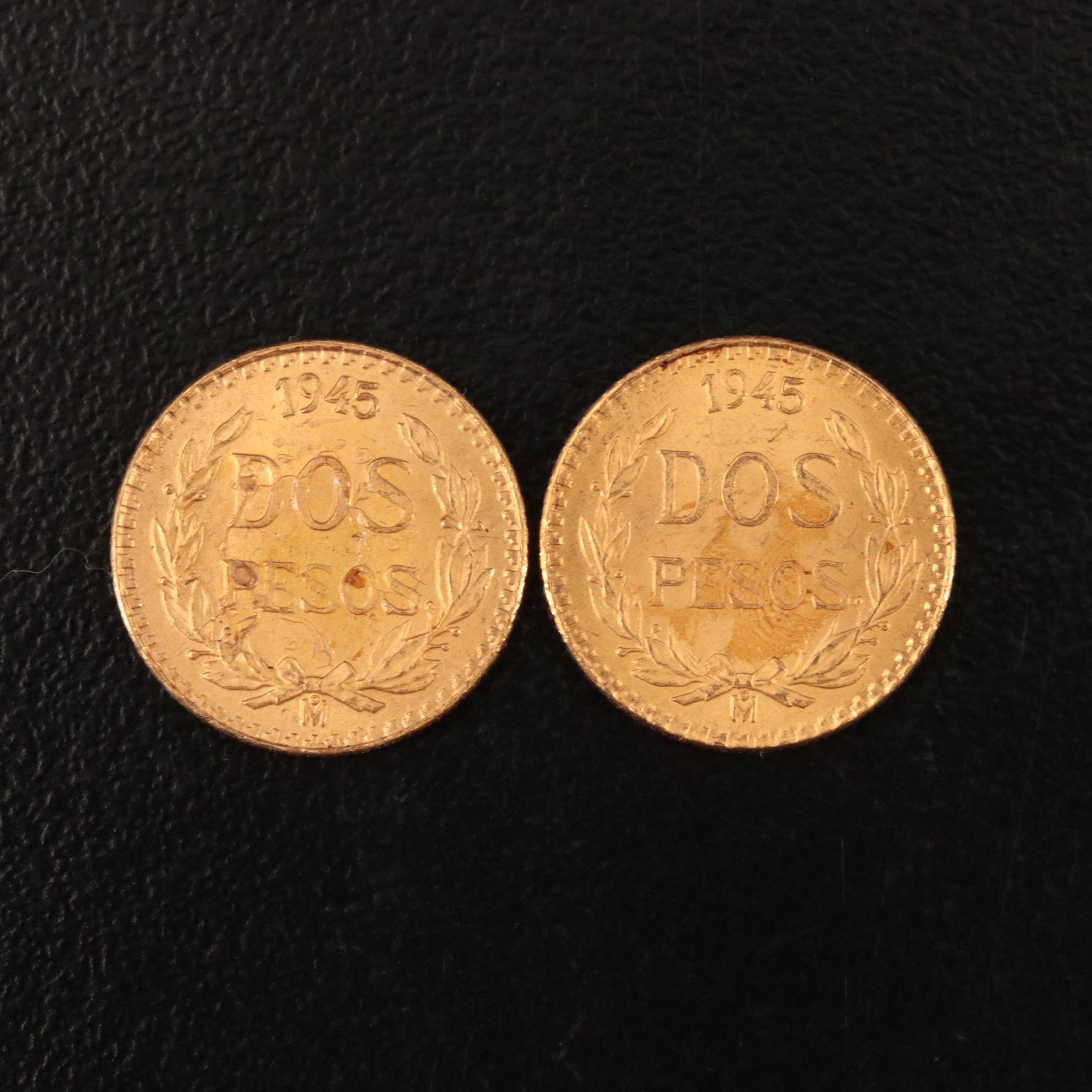 Two 1945 (Restrike) Mexico Gold Two Peso Coins