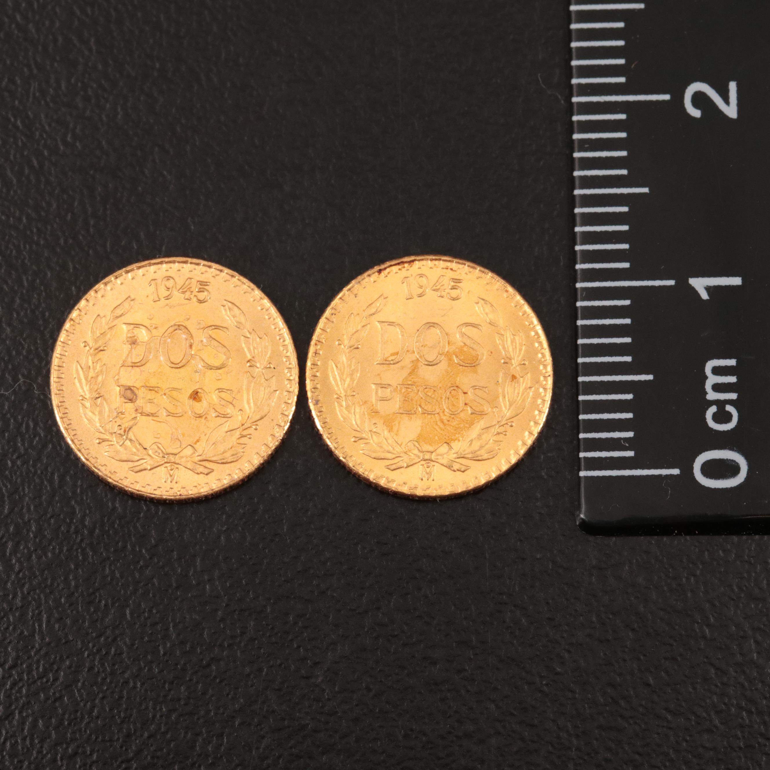 Two 1945 (Restrike) Mexico Gold Two Peso Coins
