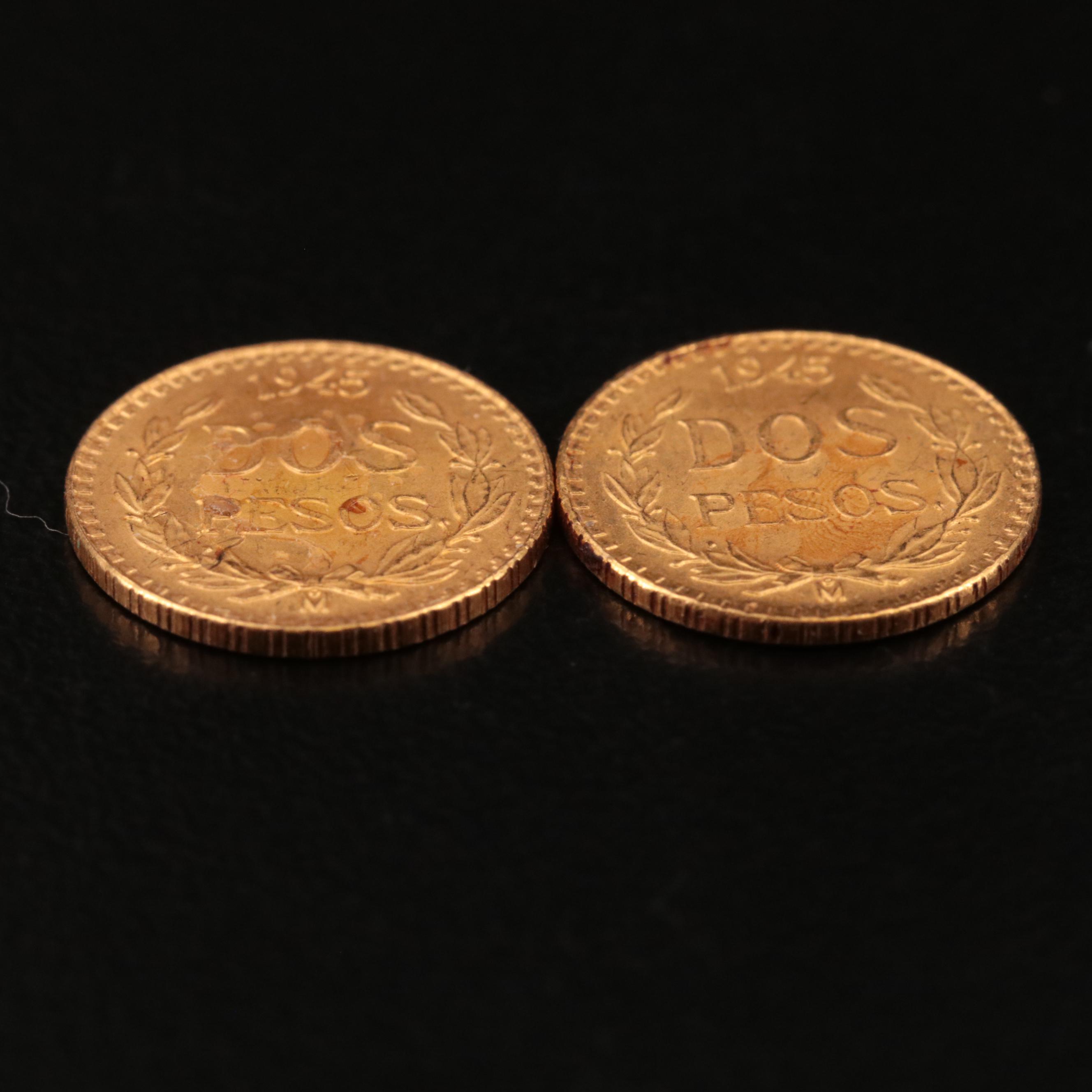 Two 1945 (Restrike) Mexico Gold Two Peso Coins