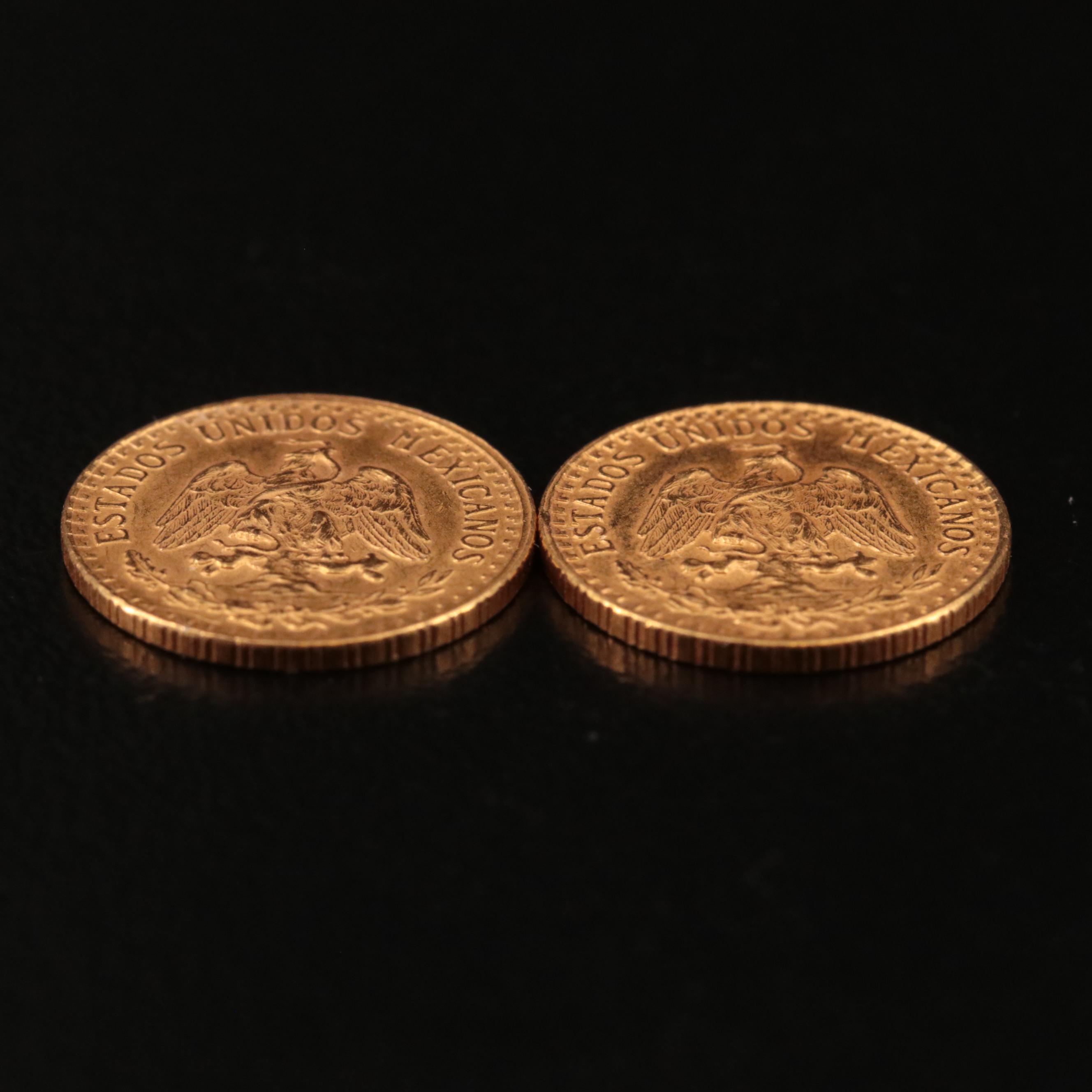 Two 1945 (Restrike) Mexico Gold Two Peso Coins