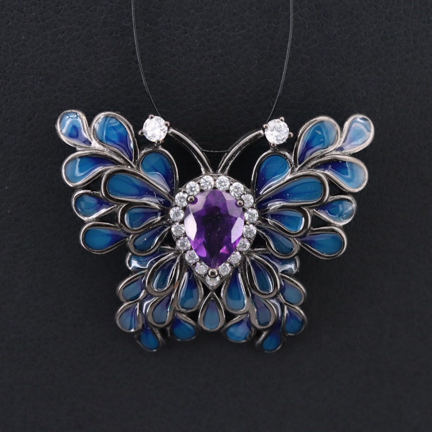 Sterling Amethyst and Gemstone Plique-à-jour Style Butterfly Pendant