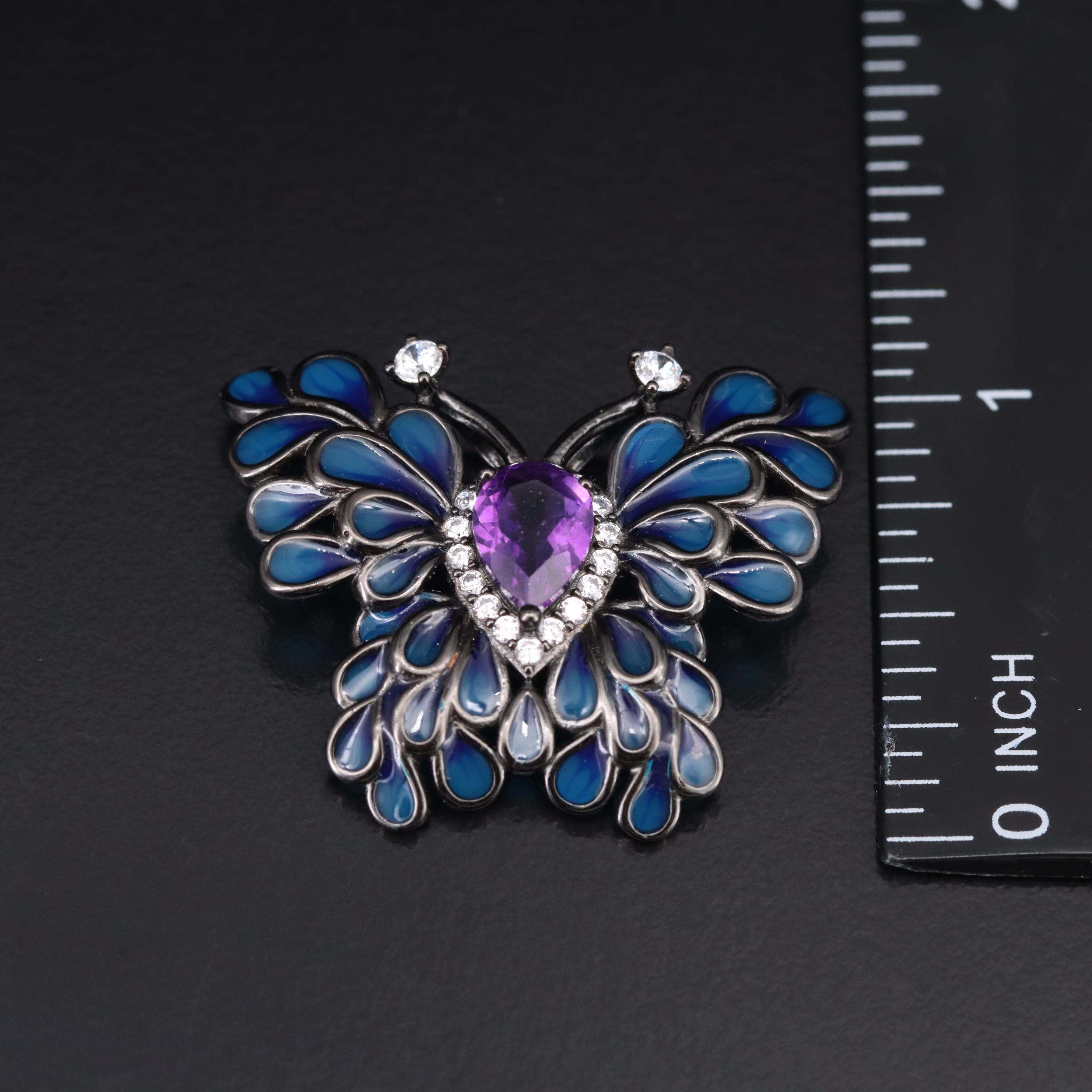 Sterling Amethyst and Gemstone Plique-à-jour Style Butterfly Pendant