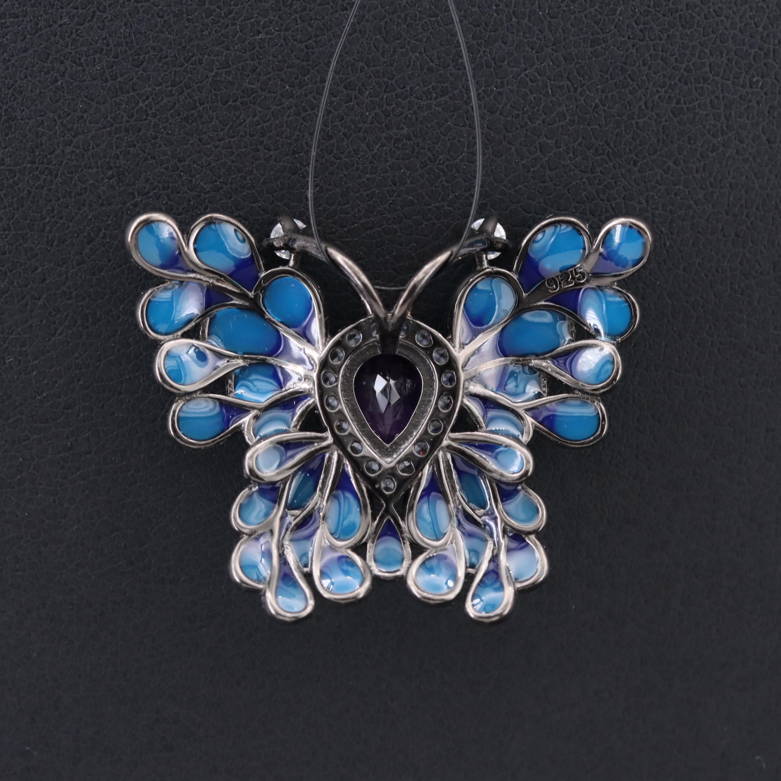 Sterling Amethyst and Gemstone Plique-à-jour Style Butterfly Pendant