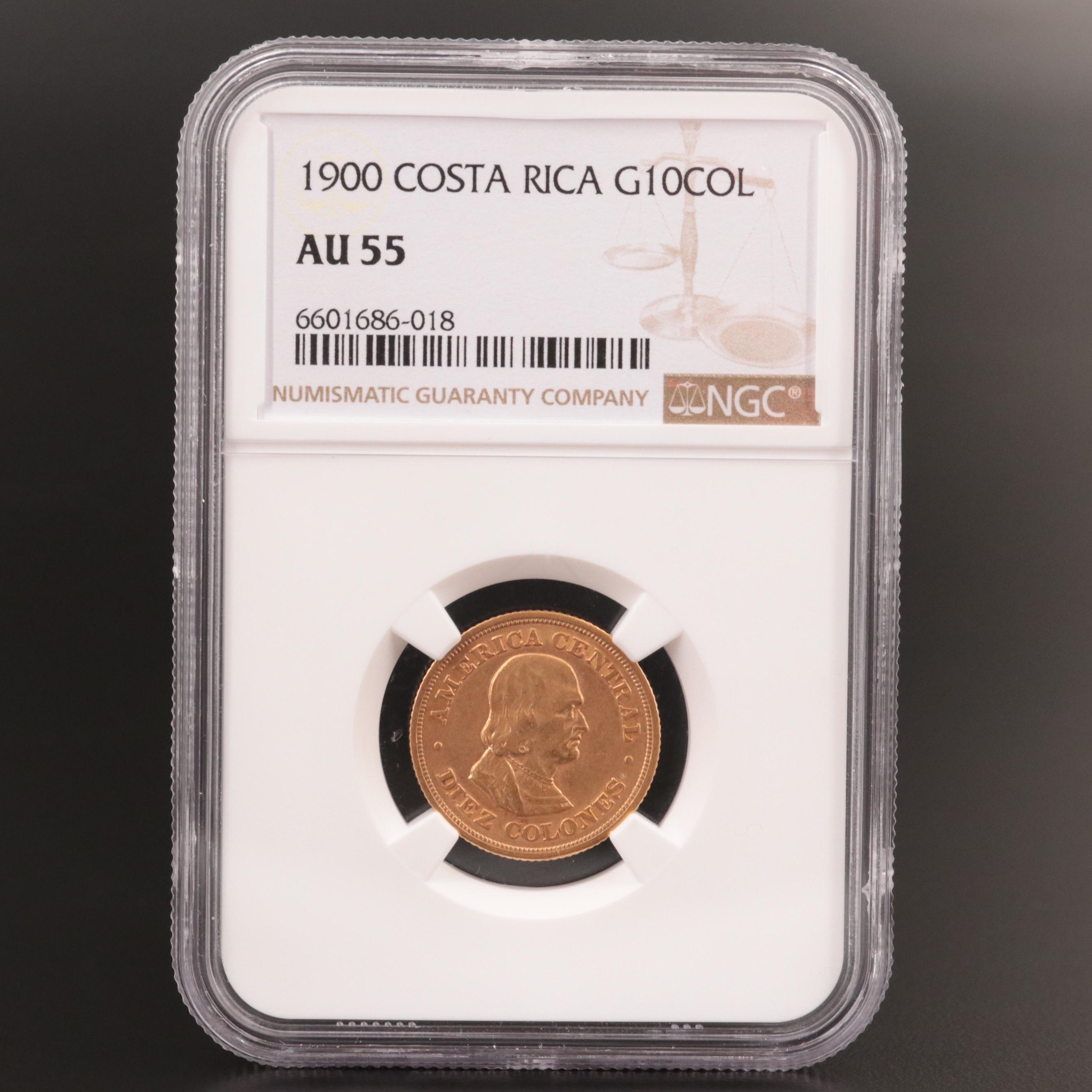 NGC Graded AU55 1900 Costa Rica Ten Colones Gold Coin