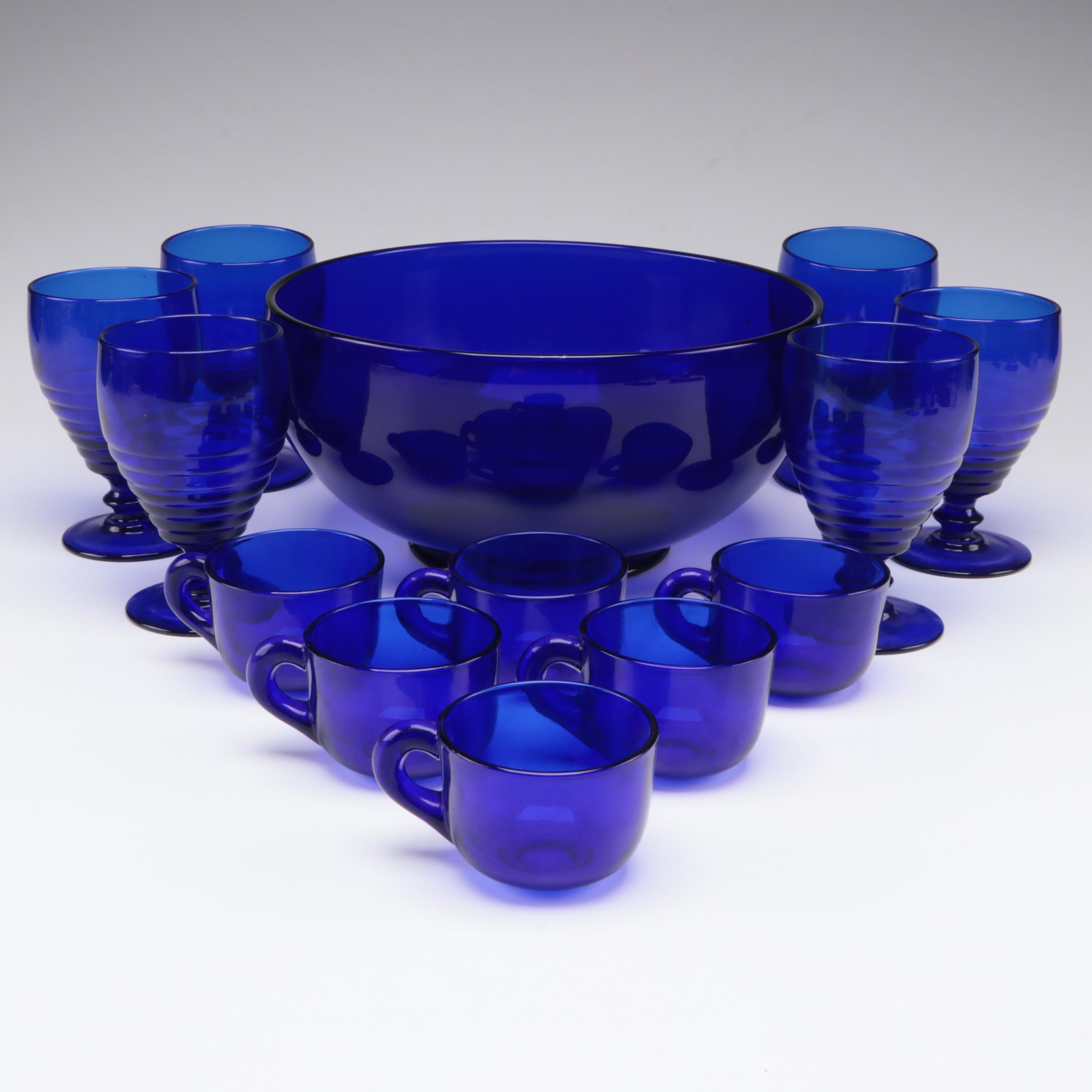 Cobalt Blue Wine Glasses, Teacups, and Serving Bowl