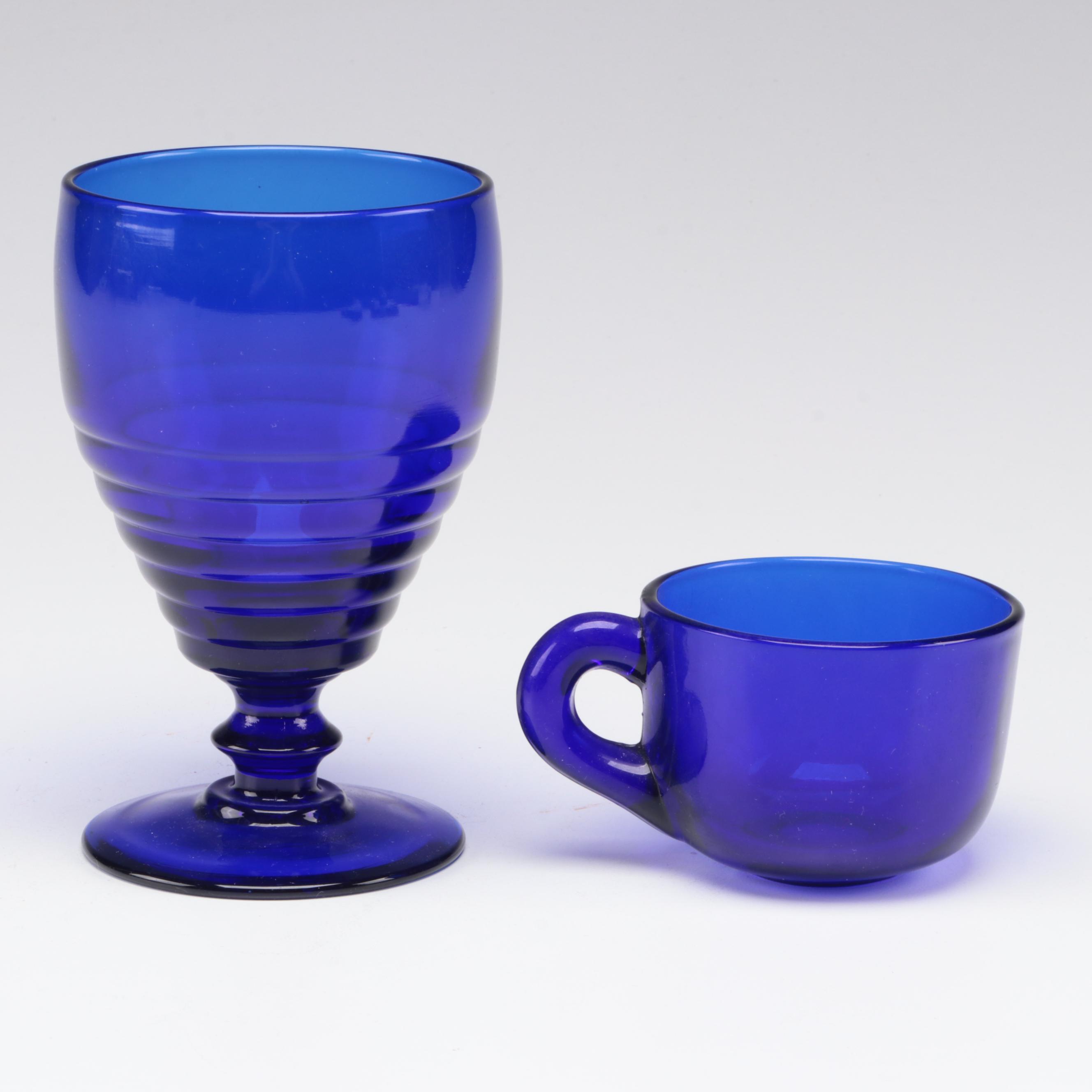 Cobalt Blue Wine Glasses, Teacups, and Serving Bowl