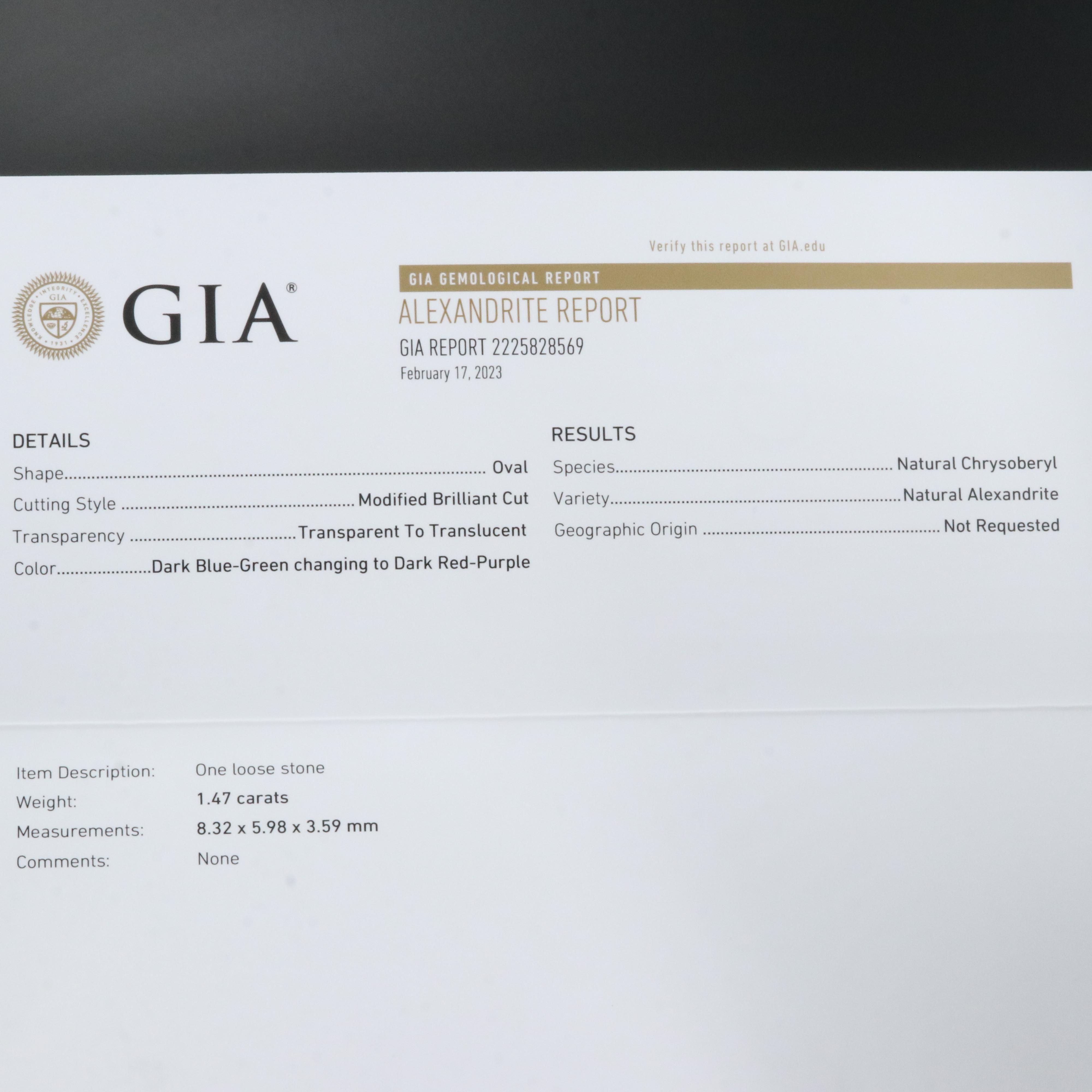 14K 1.47 CT Alexandrite and Diamond Ring with GIA Report