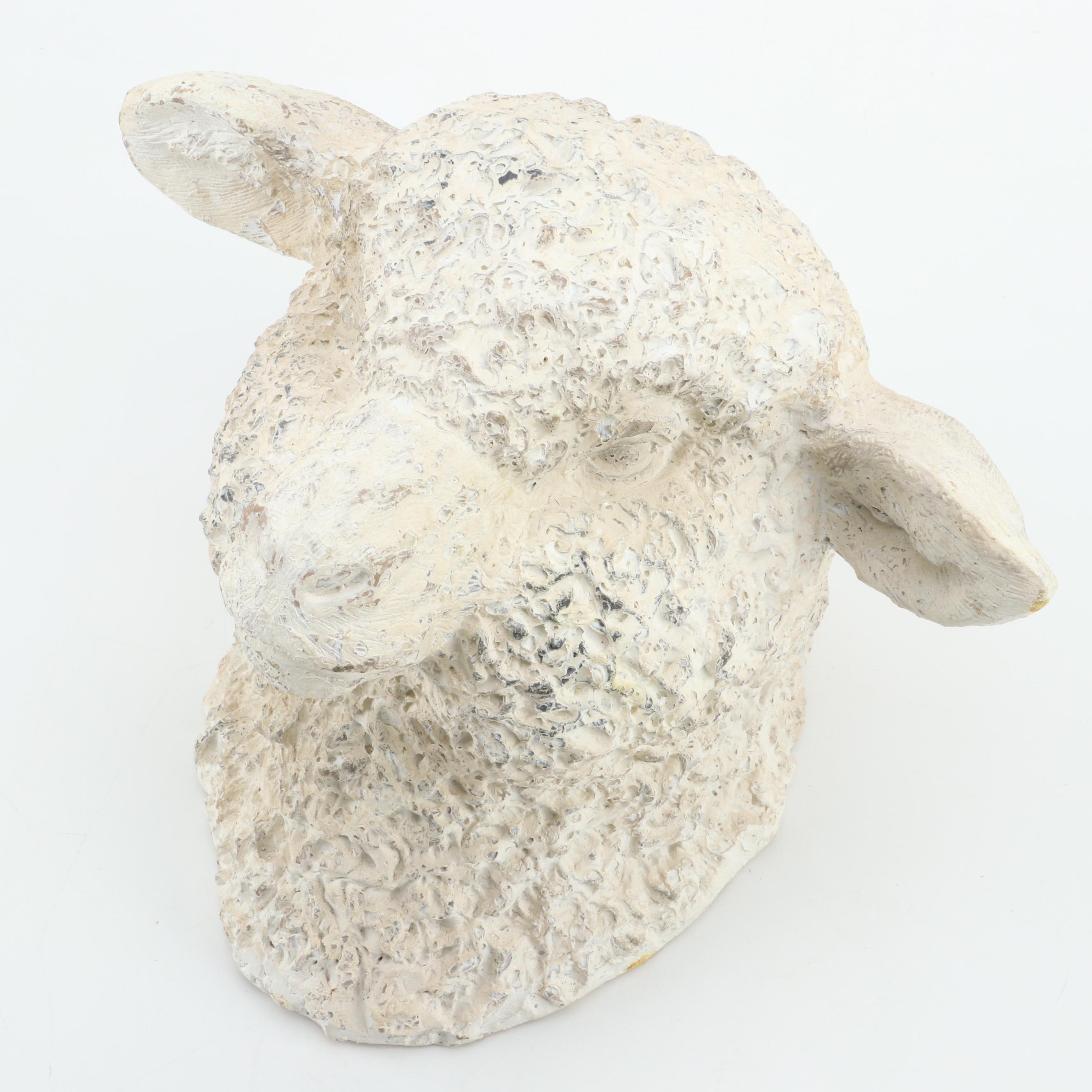 Plaster Wall Sculpture of a Sheep With Primitive Wood Box
